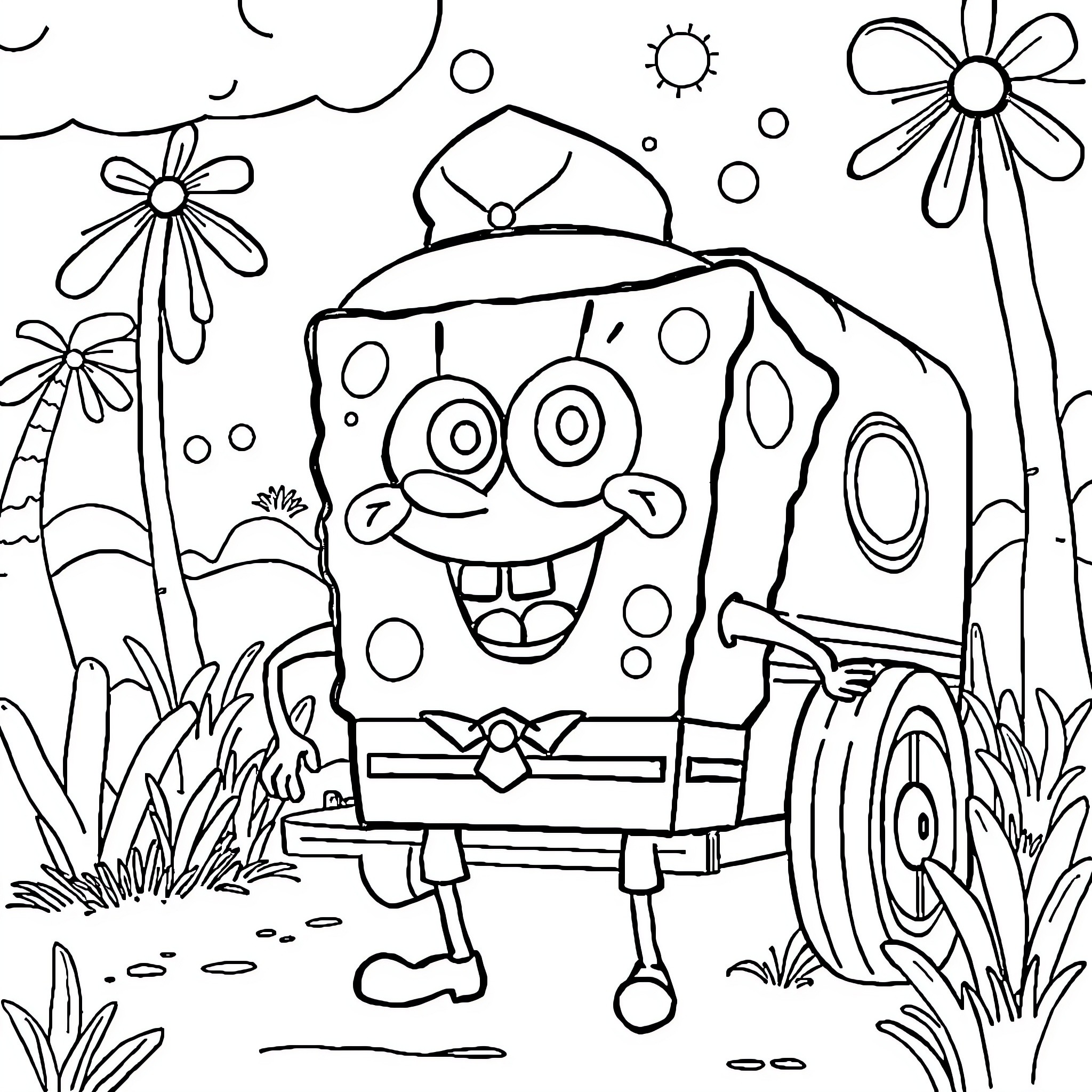 Bob esponja enjoying flowers and nature Coloring Page (free black-and-white line drawing printable PDF for all, from beginners to advanced learners, including children, teens, adults, and seniors)