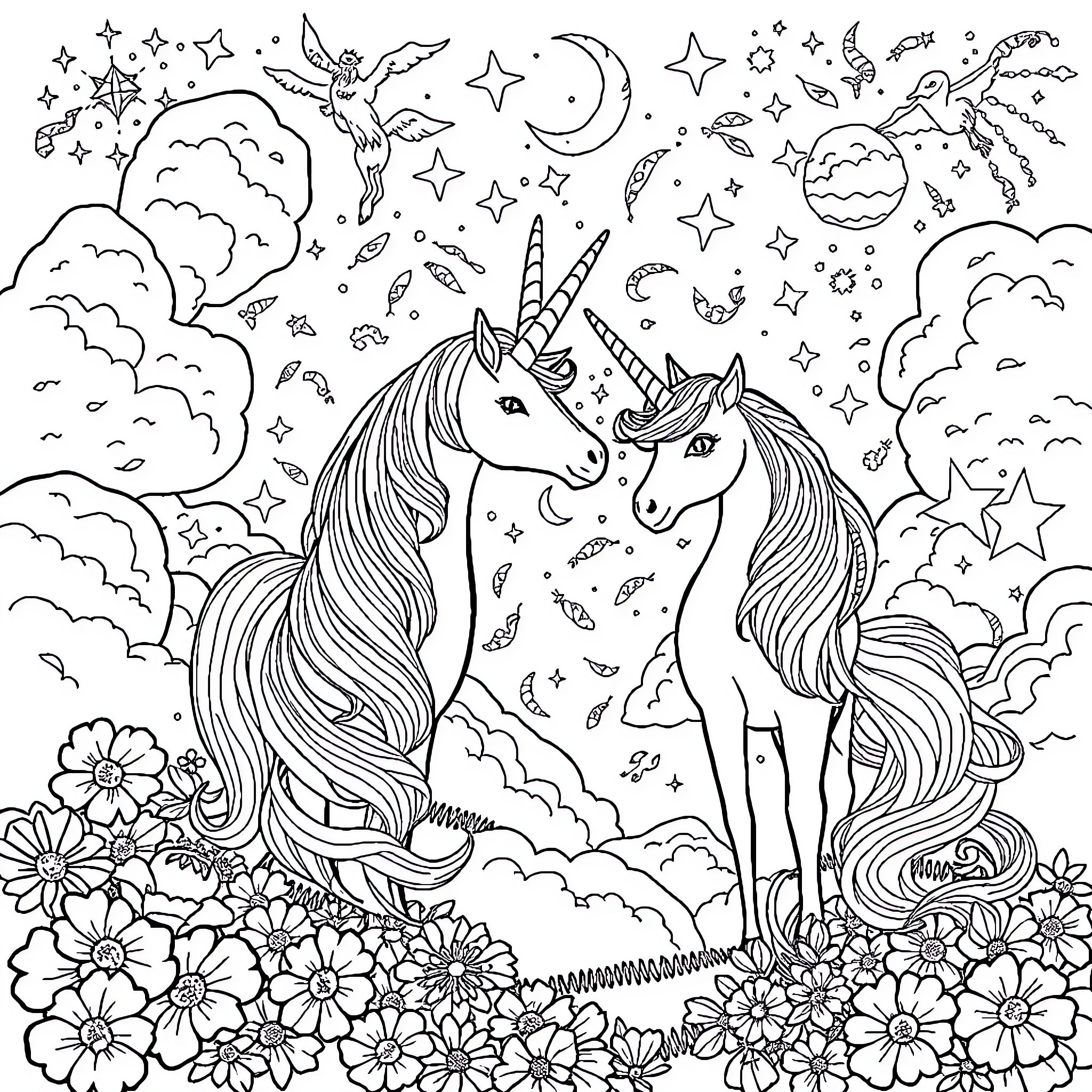 Unicorn Companions Amid Enchanted Scenery Coloring Page (free black-and-white line drawing printable PDF for all, from beginners to advanced learners, including children, teens, adults, and seniors)