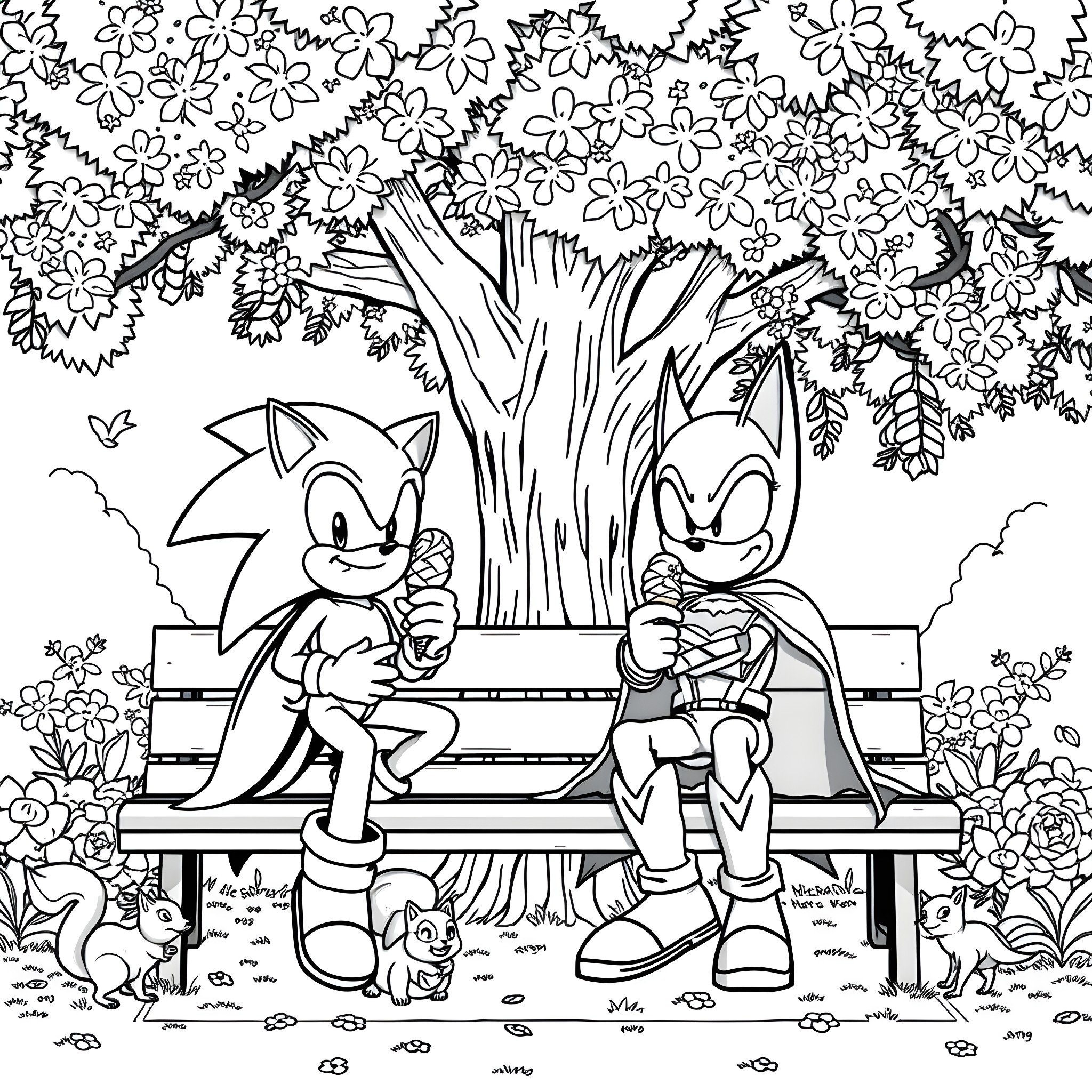 Sonic and Friends Enjoying a Peaceful Day in the Park Coloring Page (free black-and-white line drawing printable PDF for all, from beginners to advanced learners, including children, teens, adults, and seniors)
