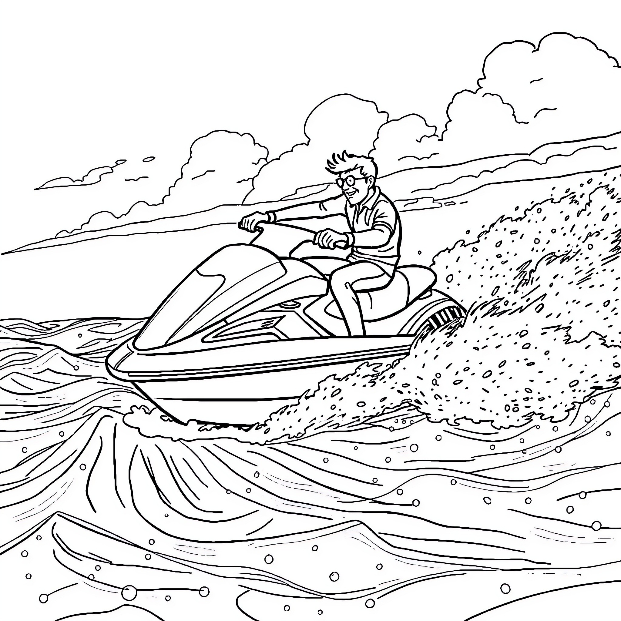 Lucky Luke's Thrilling Jet Ski Adventure Coloring Page (free black-and-white line drawing printable PDF for all, from beginners to advanced learners, including children, teens, adults, and seniors)