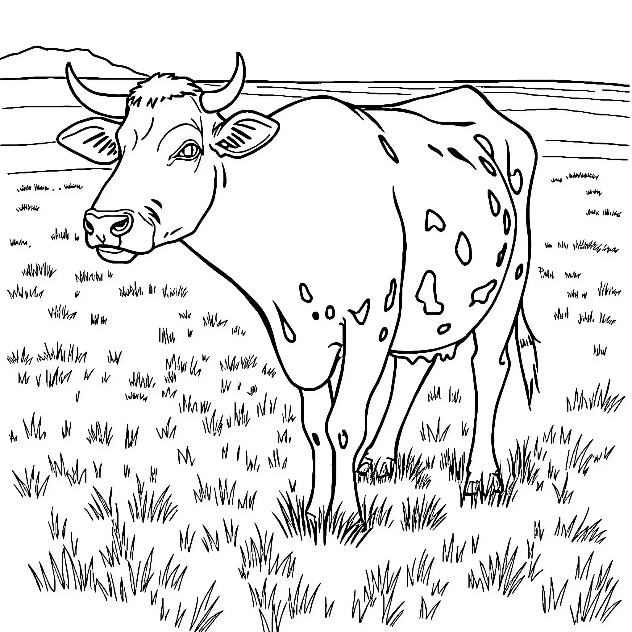 Cow grazing peacefully in a grassy field Coloring Page (free black-and-white line drawing printable PDF for all, from beginners to advanced learners, including children, teens, adults, and seniors)