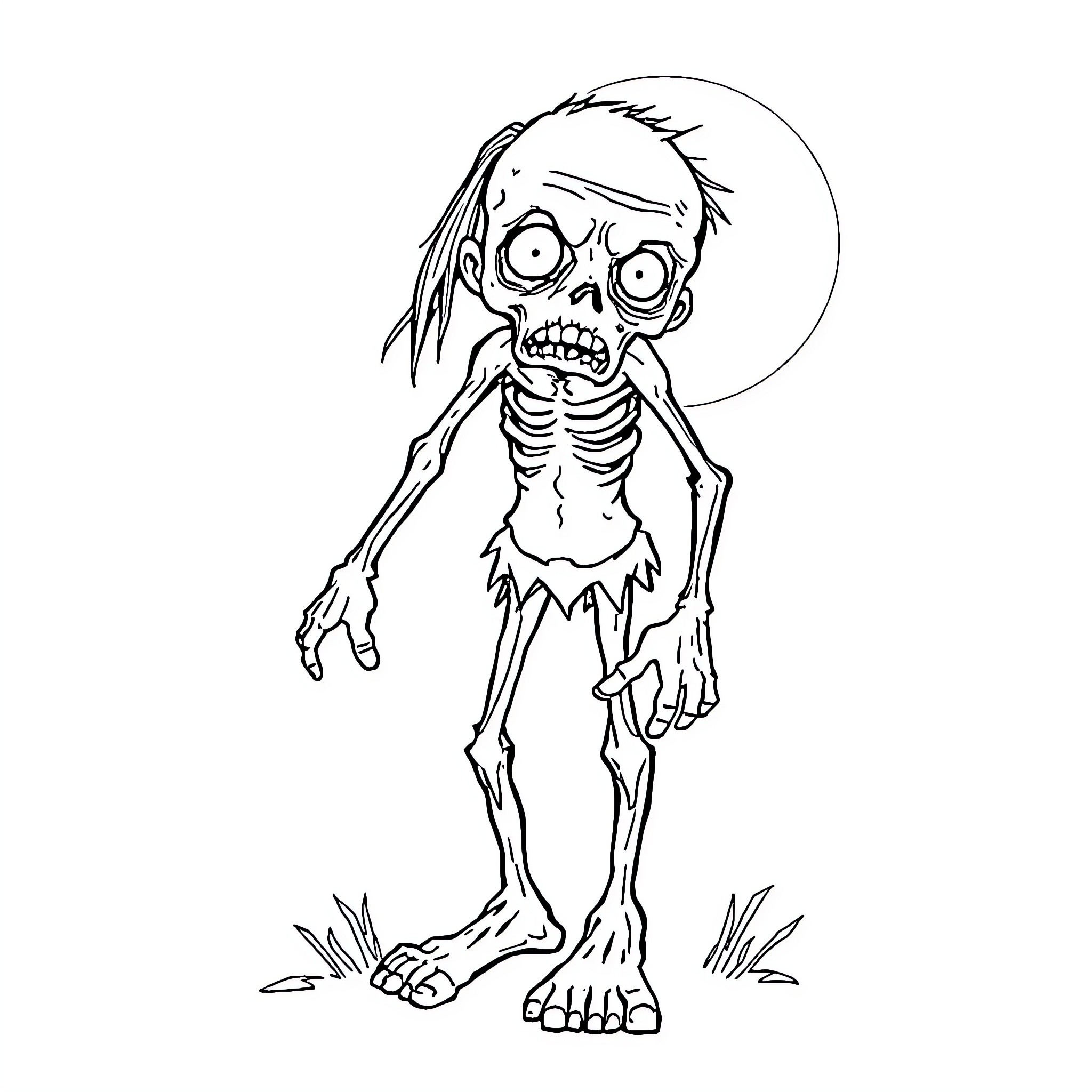 Zombie character with spooky expression and posture Coloring Page (free black-and-white line drawing printable PDF for all, from beginners to advanced learners, including children, teens, adults, and seniors)
