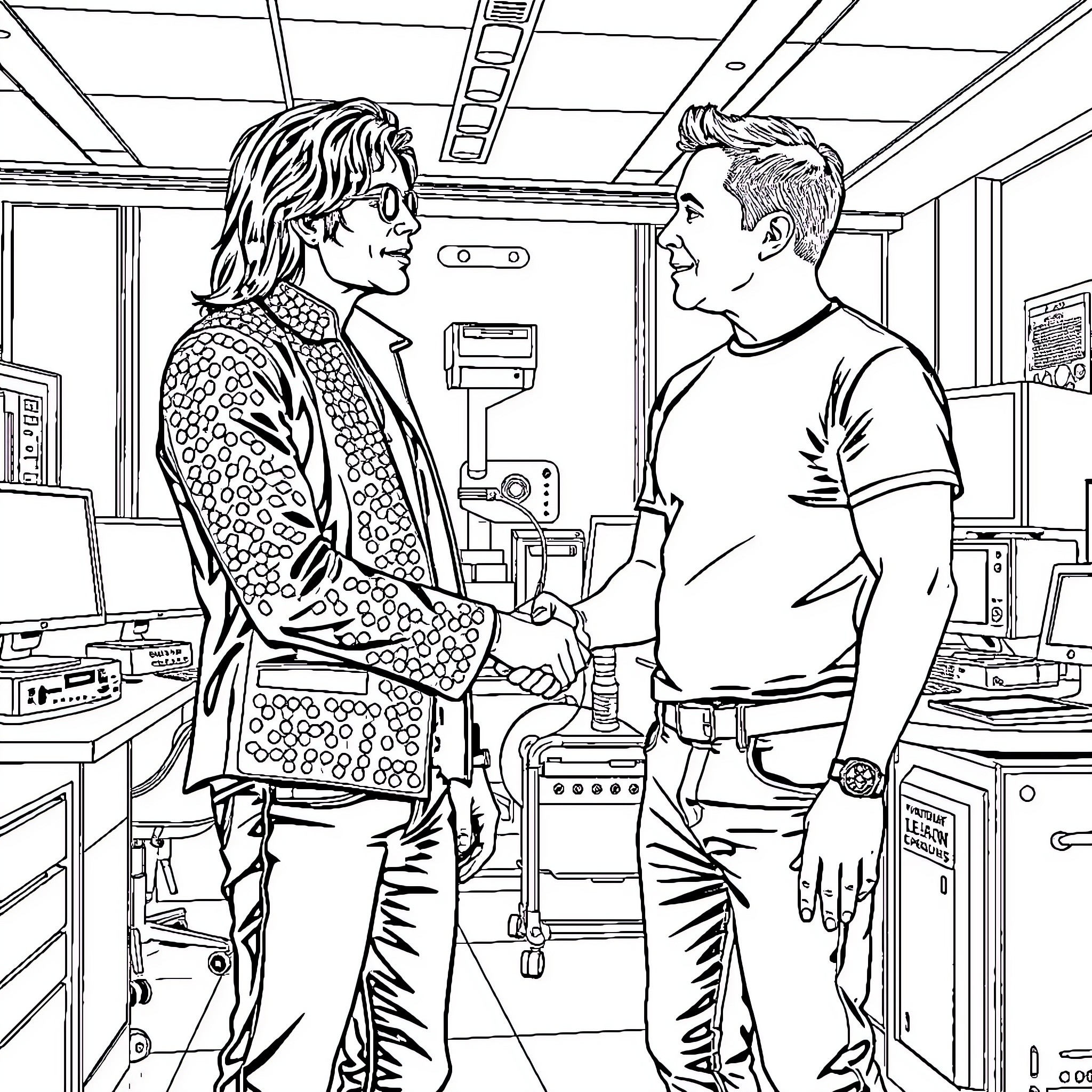 Michael Jackson Shaking Hands in Recording Studio Coloring Page (free black-and-white line drawing printable PDF for all, from beginners to advanced learners, including children, teens, adults, and seniors)