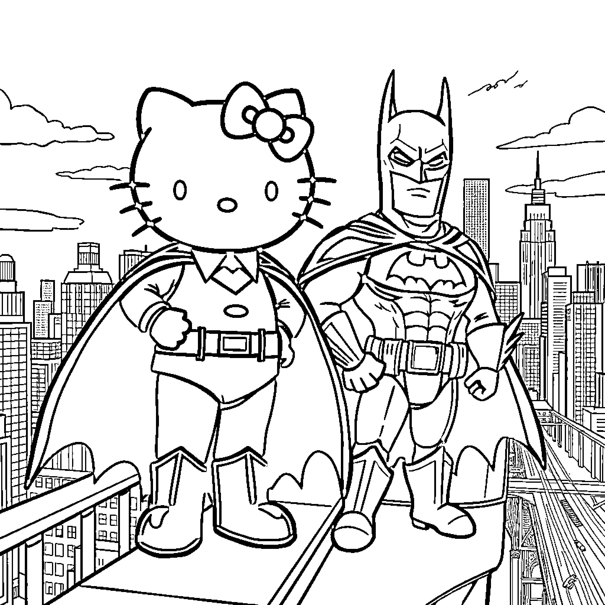 Hello Kitty Teams Up with Batman in the City Coloring Page (free black-and-white line drawing printable PDF for all, from beginners to advanced learners, including children, teens, adults, and seniors)