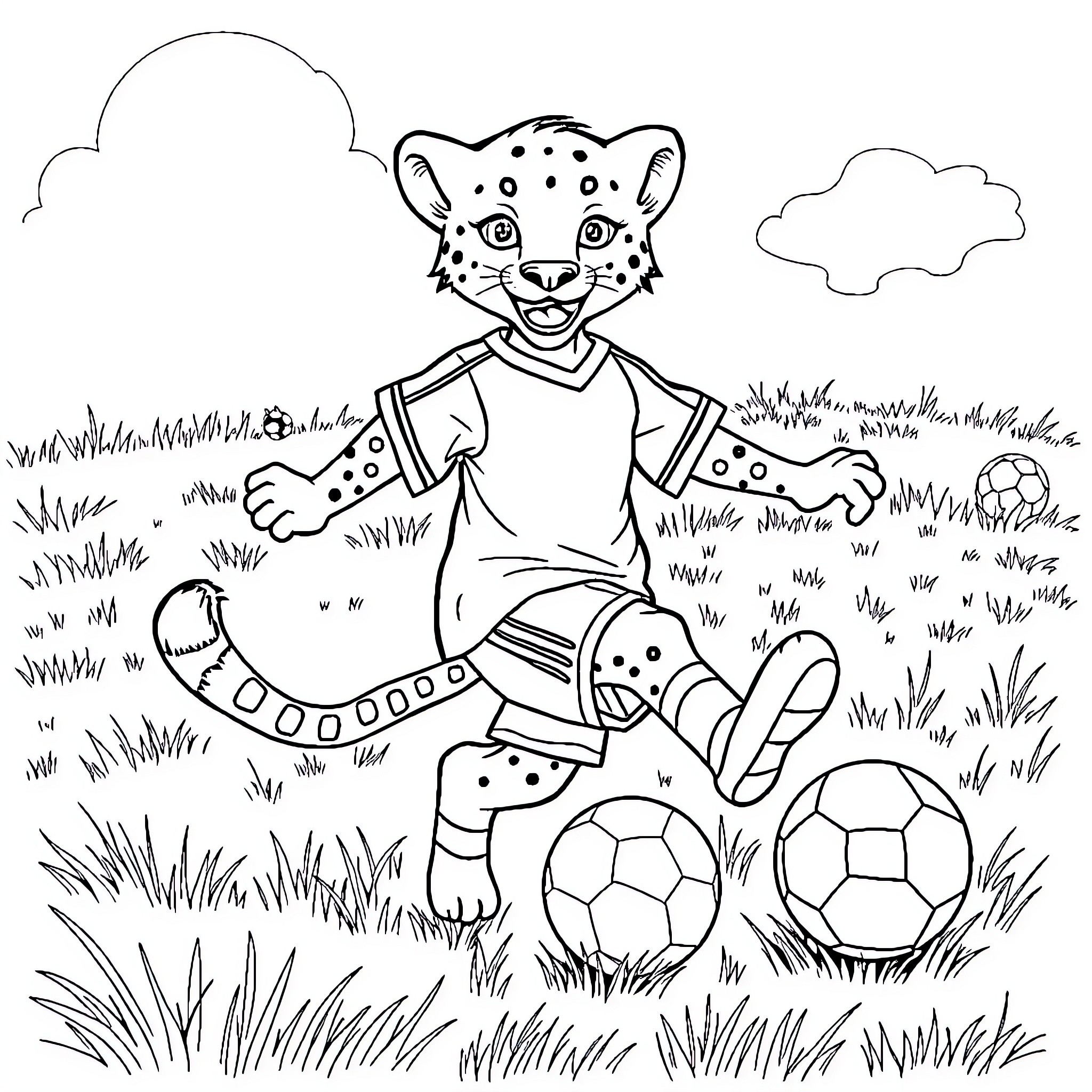 Cheetah playing soccer in the park Coloring Page (free black-and-white line drawing printable PDF for all, from beginners to advanced learners, including children, teens, adults, and seniors)