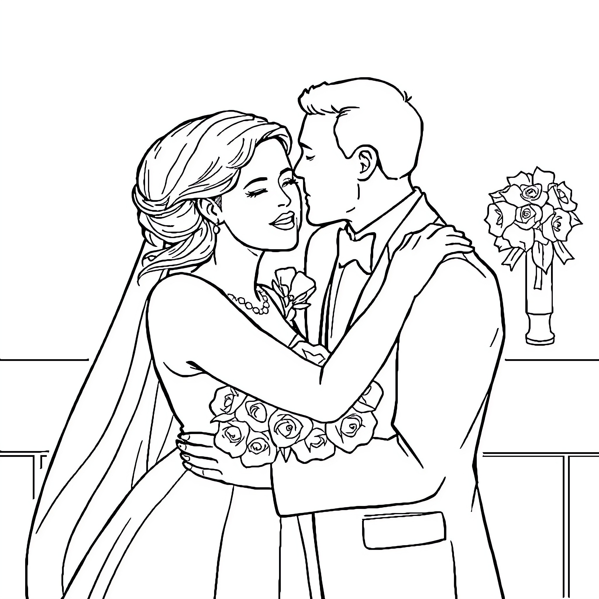Photo of newlyweds embracing on their wedding day Coloring Page (free black-and-white line drawing printable PDF for all, from beginners to advanced learners, including children, teens, adults, and seniors)