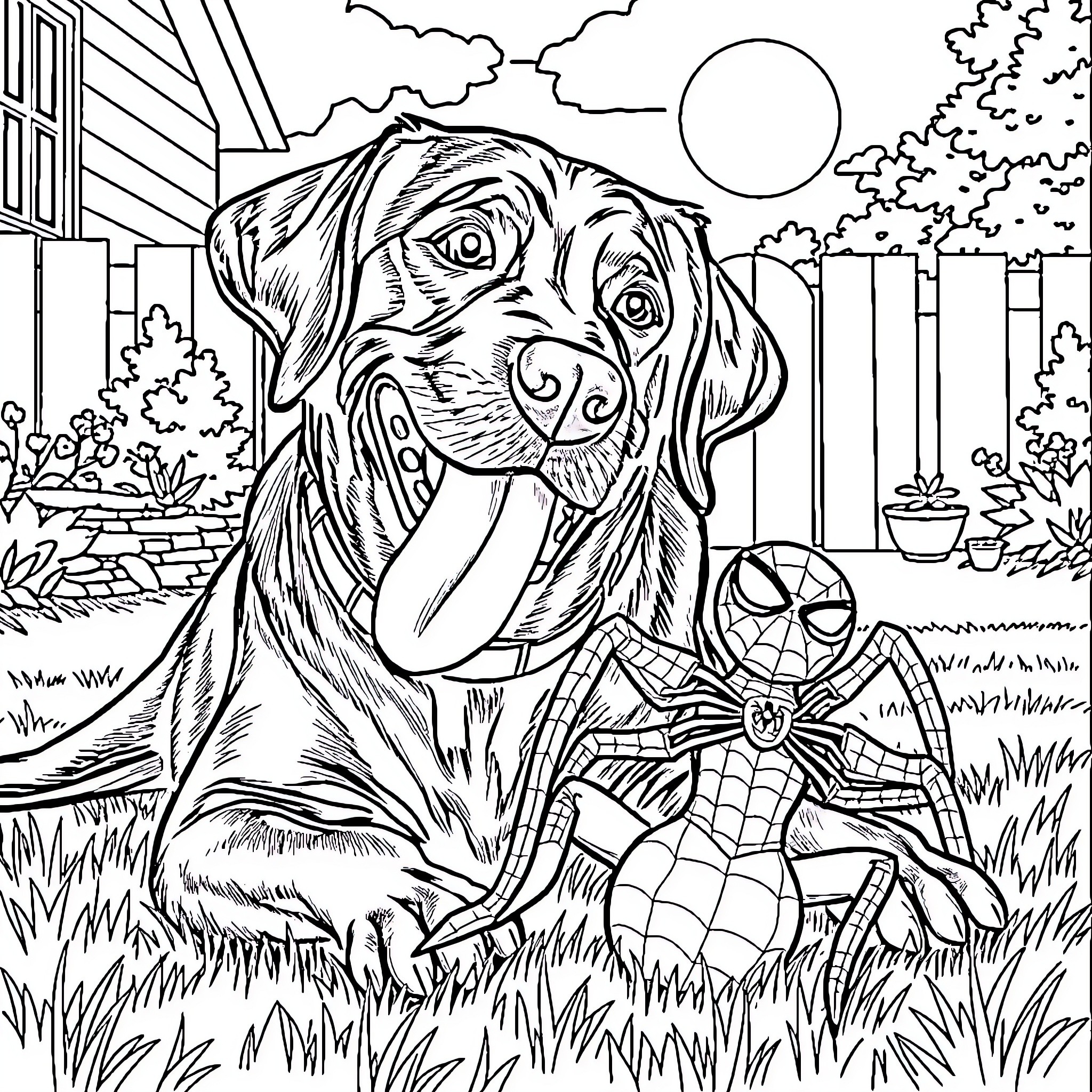 Dog playing with toys in the backyard Coloring Page (free black-and-white line drawing printable PDF for all, from beginners to advanced learners, including children, teens, adults, and seniors)