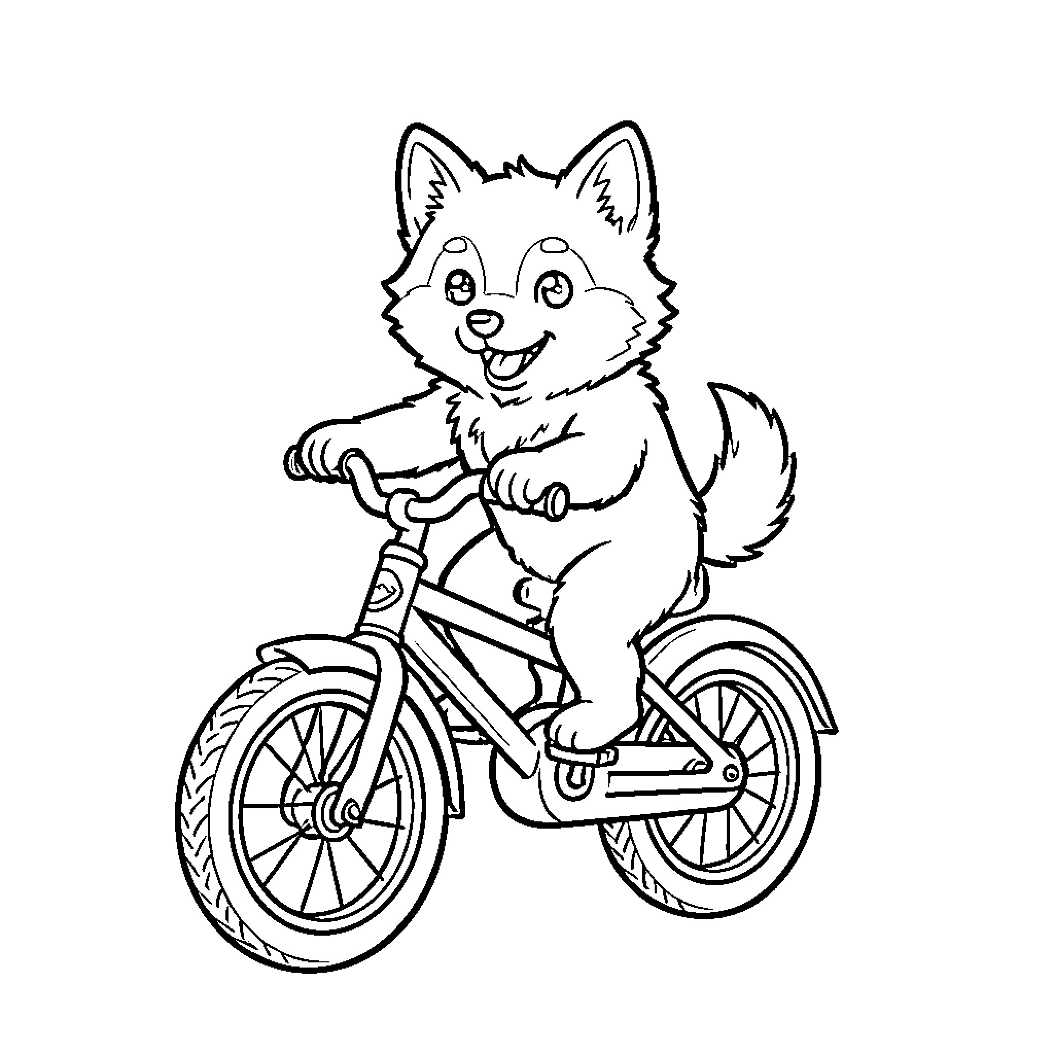 Husky riding a bicycle with joy Coloring Page (free black-and-white line drawing printable PDF for all, from beginners to advanced learners, including children, teens, adults, and seniors)