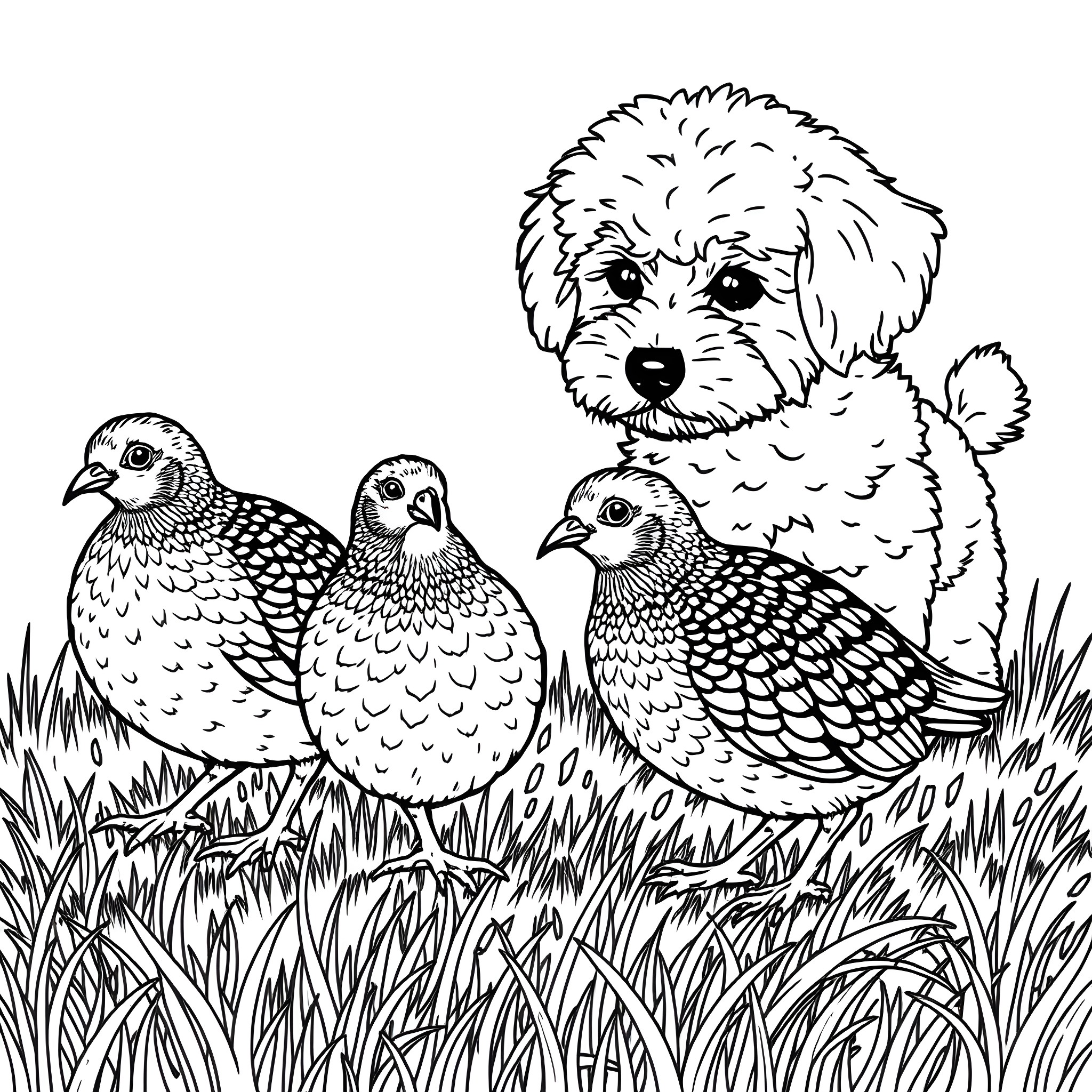Quail and Puppy in the Grass Coloring Page (free black-and-white line drawing printable PDF for all, from beginners to advanced learners, including children, teens, adults, and seniors)