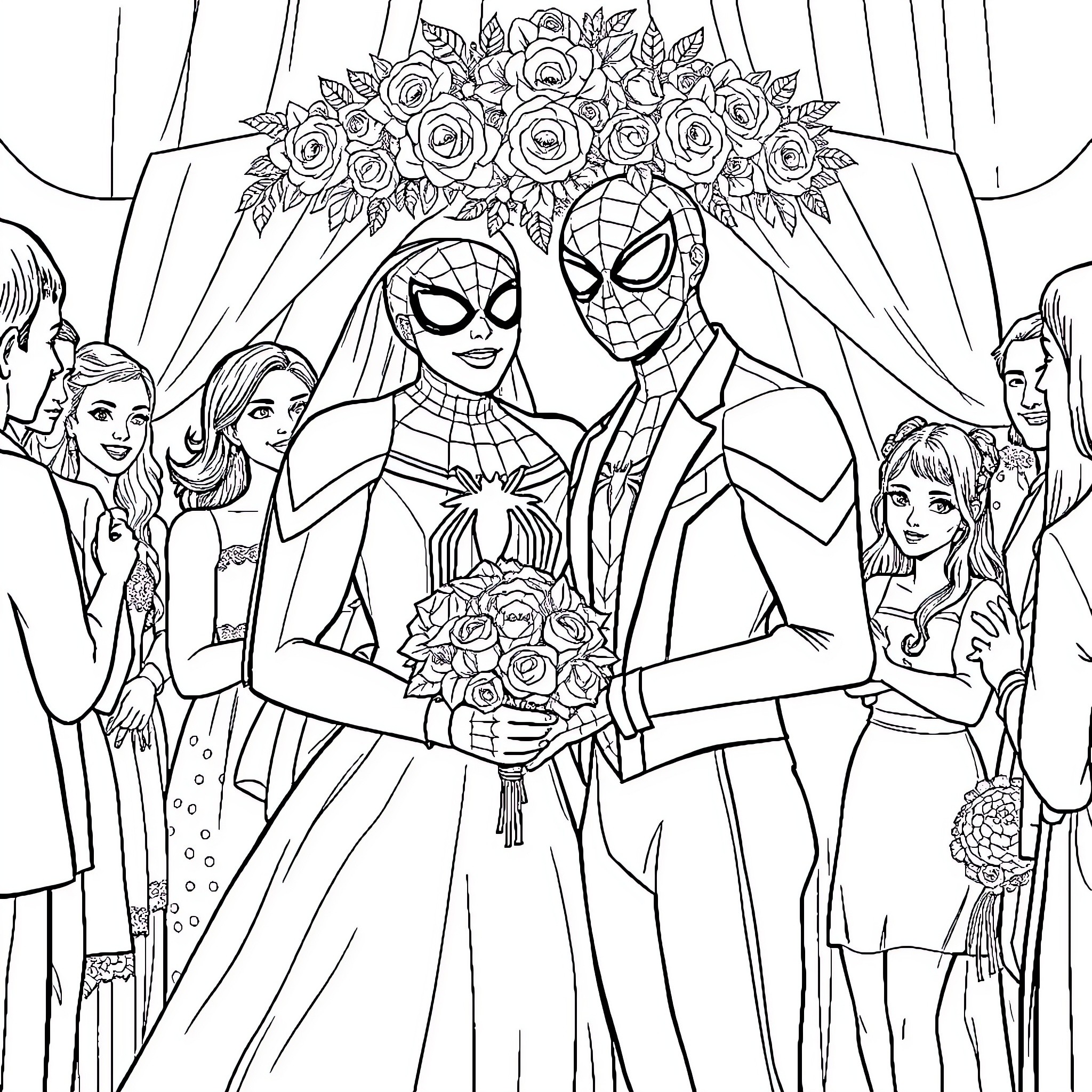 Spiderman and Spiderwoman wedding ceremony with guests Coloring Page (free black-and-white line drawing printable PDF for all, from beginners to advanced learners, including children, teens, adults, and seniors)