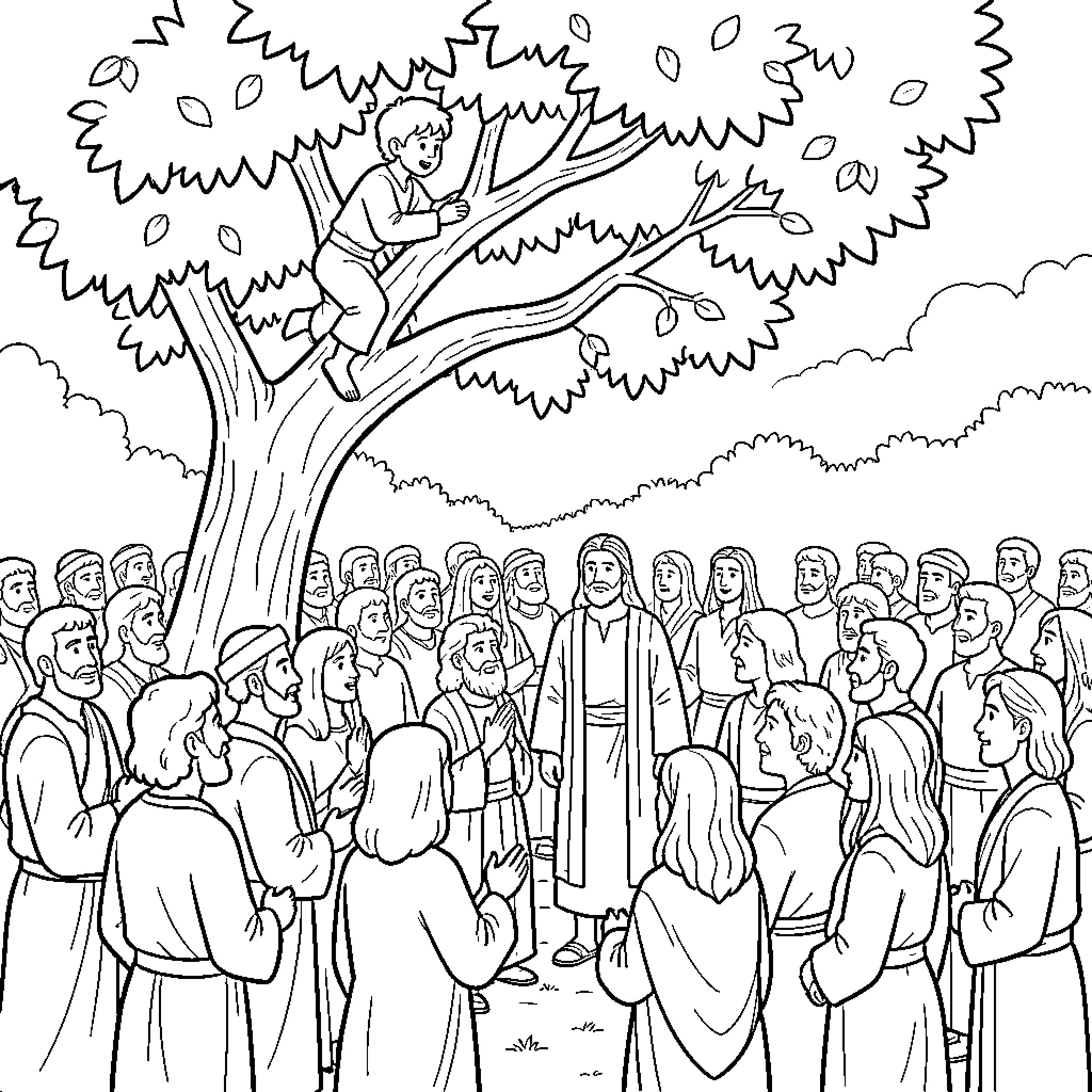 Zaqueo climbing the tree to see Jesus preach Coloring Page (free black-and-white line drawing printable PDF for all, from beginners to advanced learners, including children, teens, adults, and seniors)