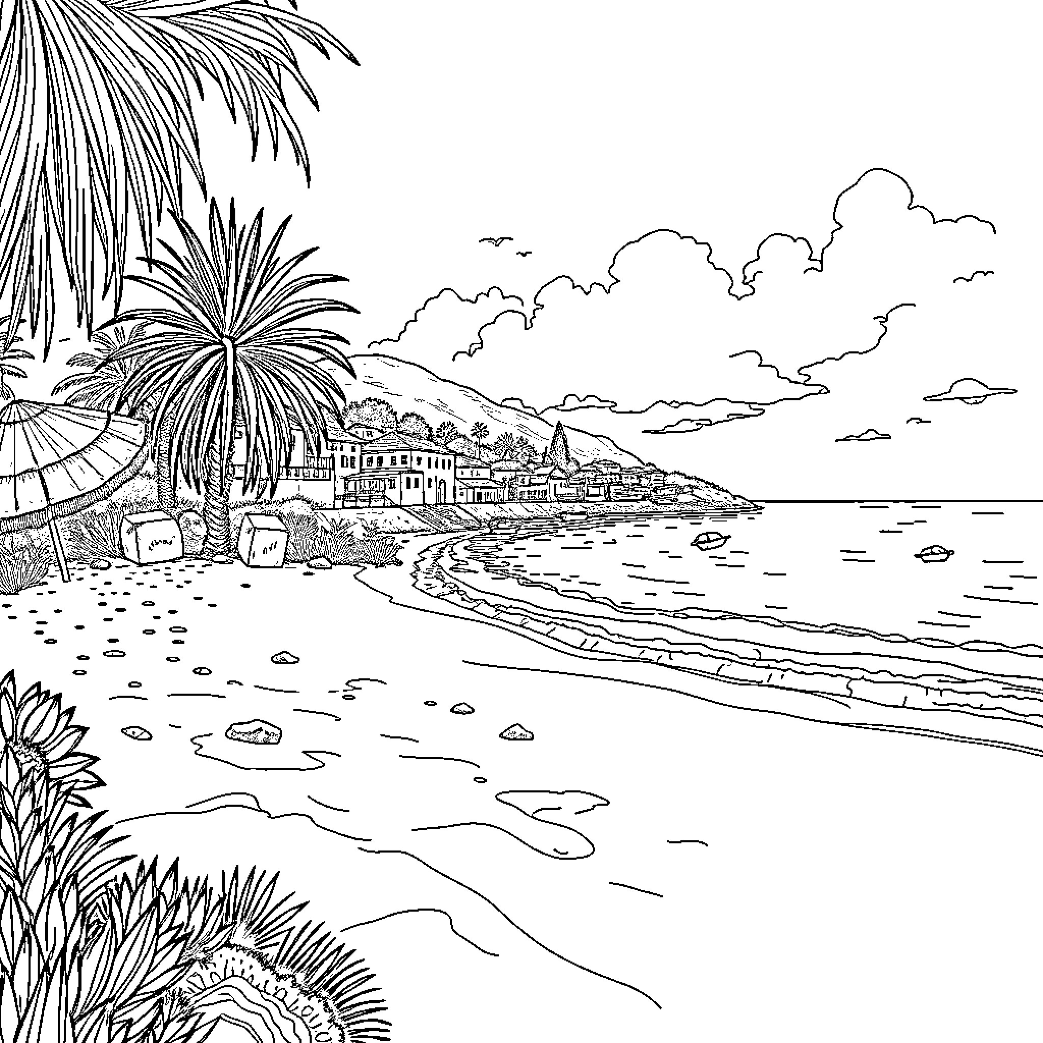 Beach scene with palm trees and coastal town Coloring Page (free black-and-white line drawing printable PDF for all, from beginners to advanced learners, including children, teens, adults, and seniors)