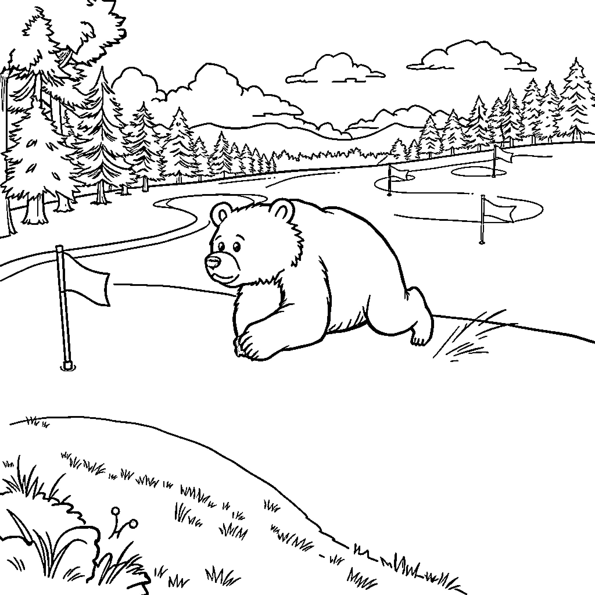 Bear relaxing in scenic forest landscape Coloring Page (free black-and-white line drawing printable PDF for all, from beginners to advanced learners, including children, teens, adults, and seniors)