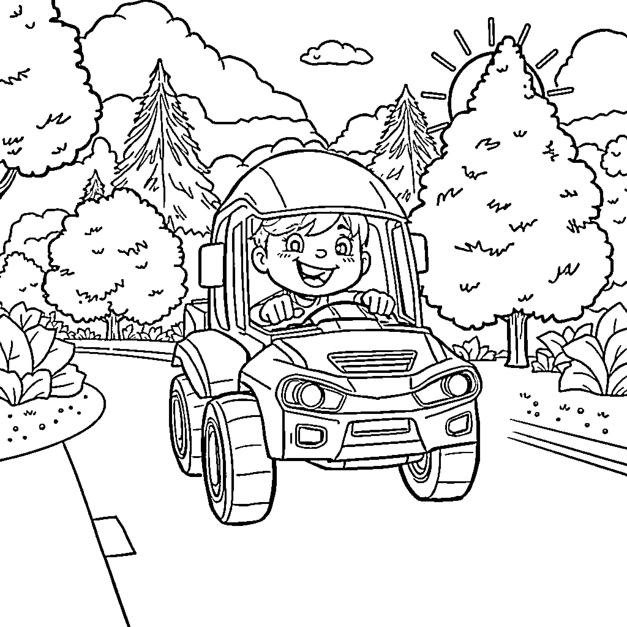 Garten of Ban Ban: Child driving toy car in the forest Coloring Page (free black-and-white line drawing printable PDF for all, from beginners to advanced learners, including children, teens, adults, and seniors)