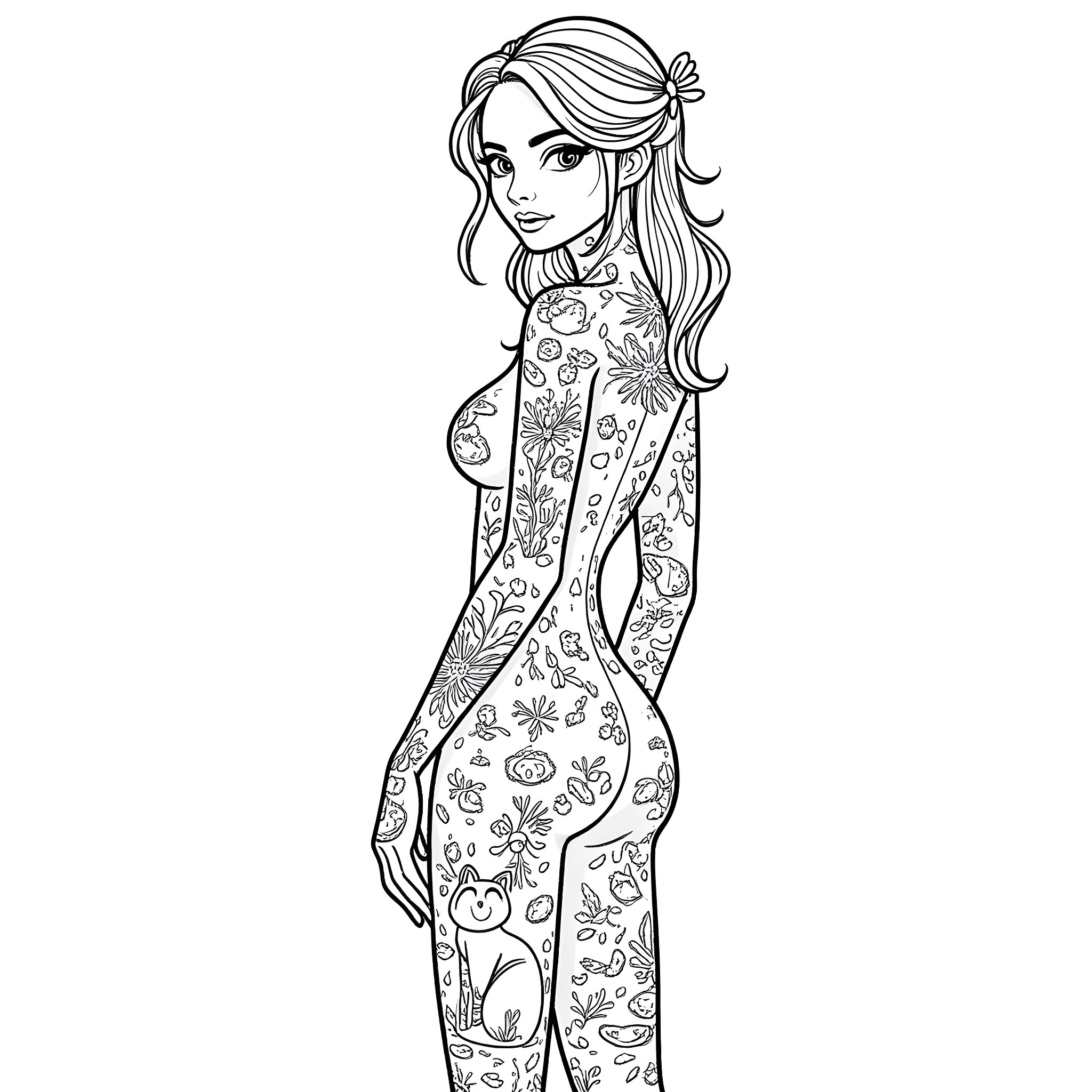 Girl with floral body art posing confidently Coloring Page (free black-and-white line drawing printable PDF for all, from beginners to advanced learners, including children, teens, adults, and seniors)