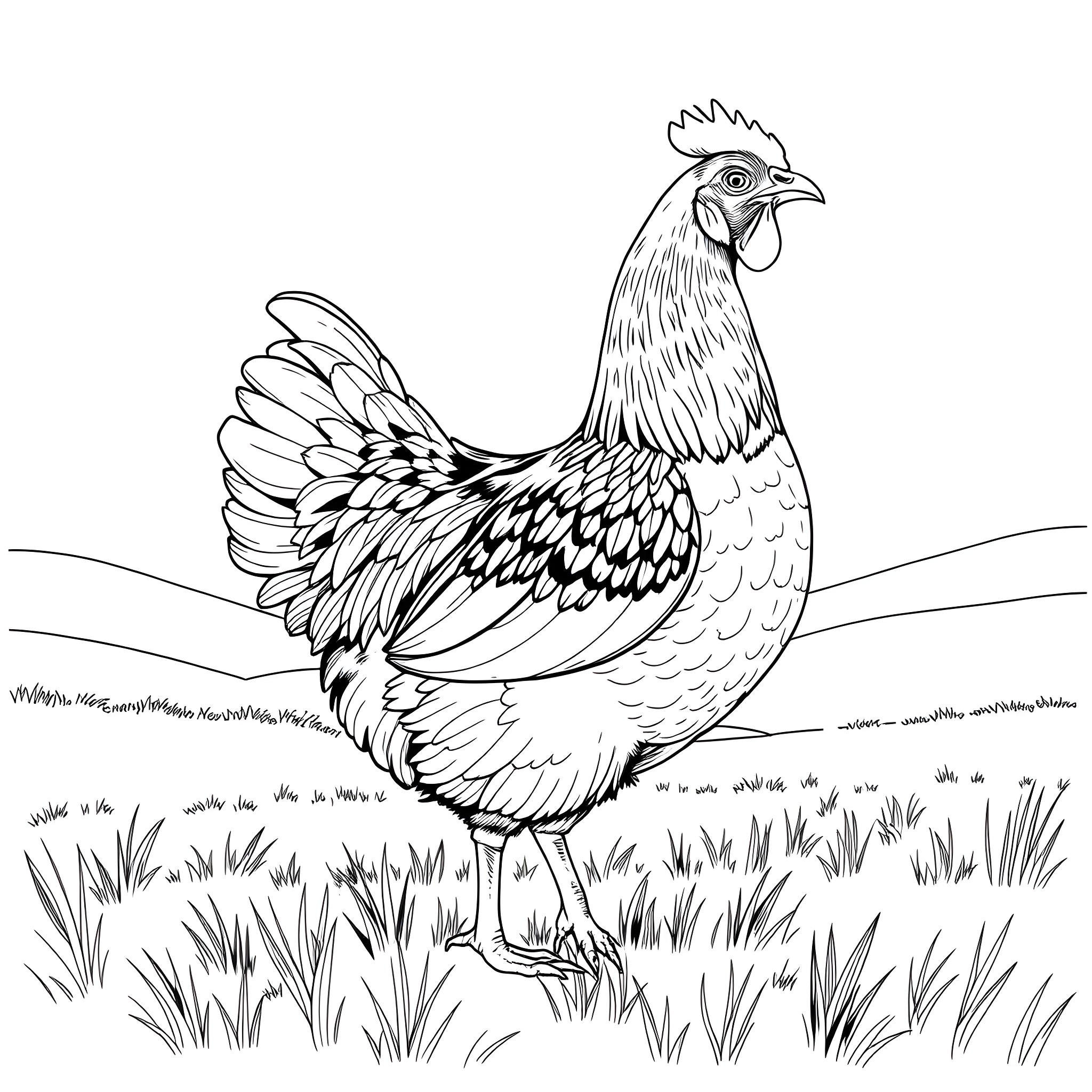 Hen standing proudly in the meadow Coloring Page (free black-and-white line drawing printable PDF for all, from beginners to advanced learners, including children, teens, adults, and seniors)