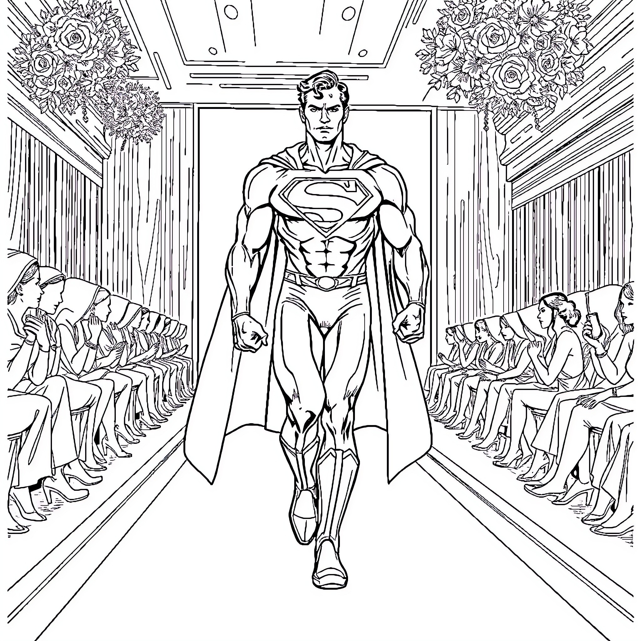 Superman's Heroic Entrance in a Formal Setting Coloring Page (free black-and-white line drawing printable PDF for all, from beginners to advanced learners, including children, teens, adults, and seniors)