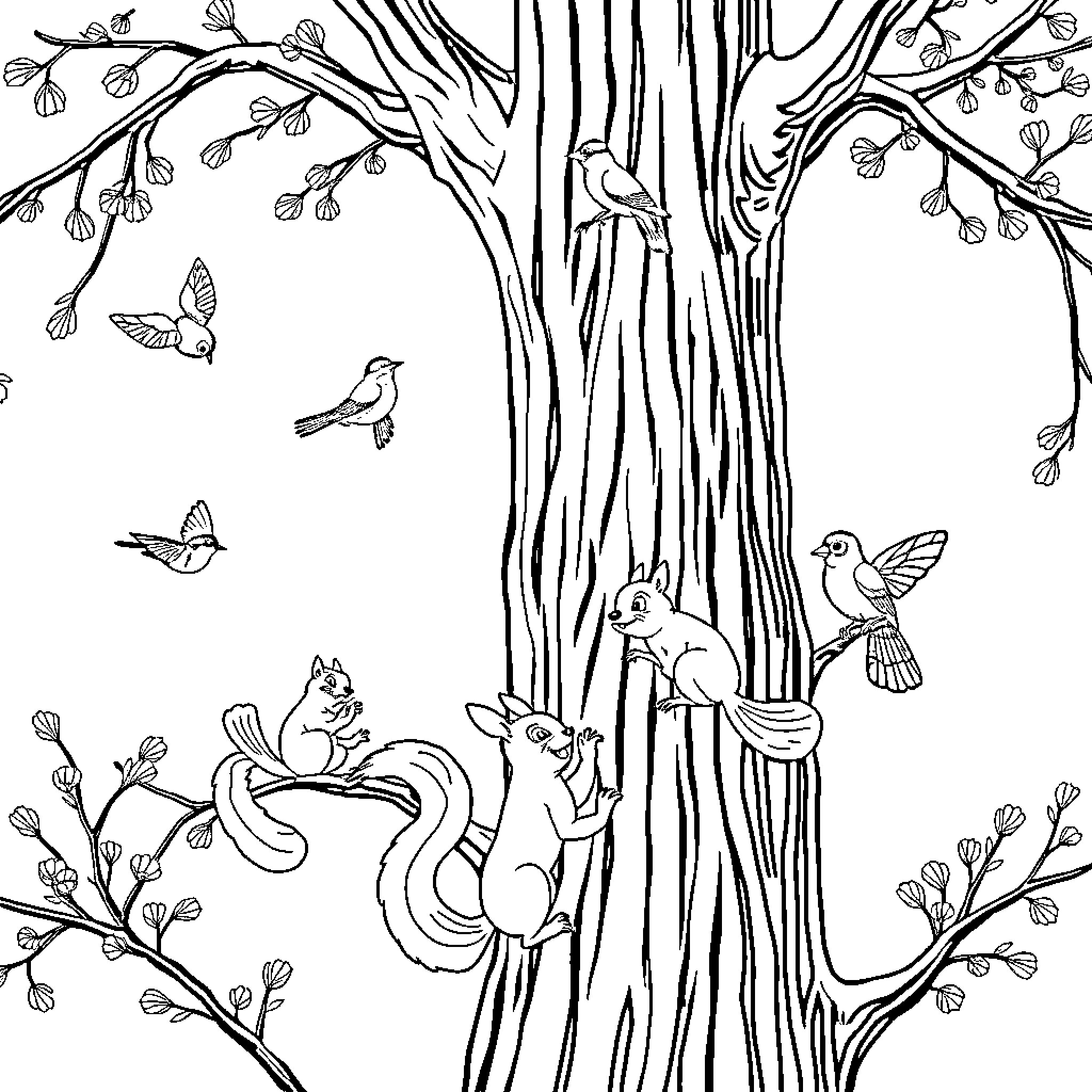 Squirrels and birds in a spring tree Coloring Page (free black-and-white line drawing printable PDF for all, from beginners to advanced learners, including children, teens, adults, and seniors)