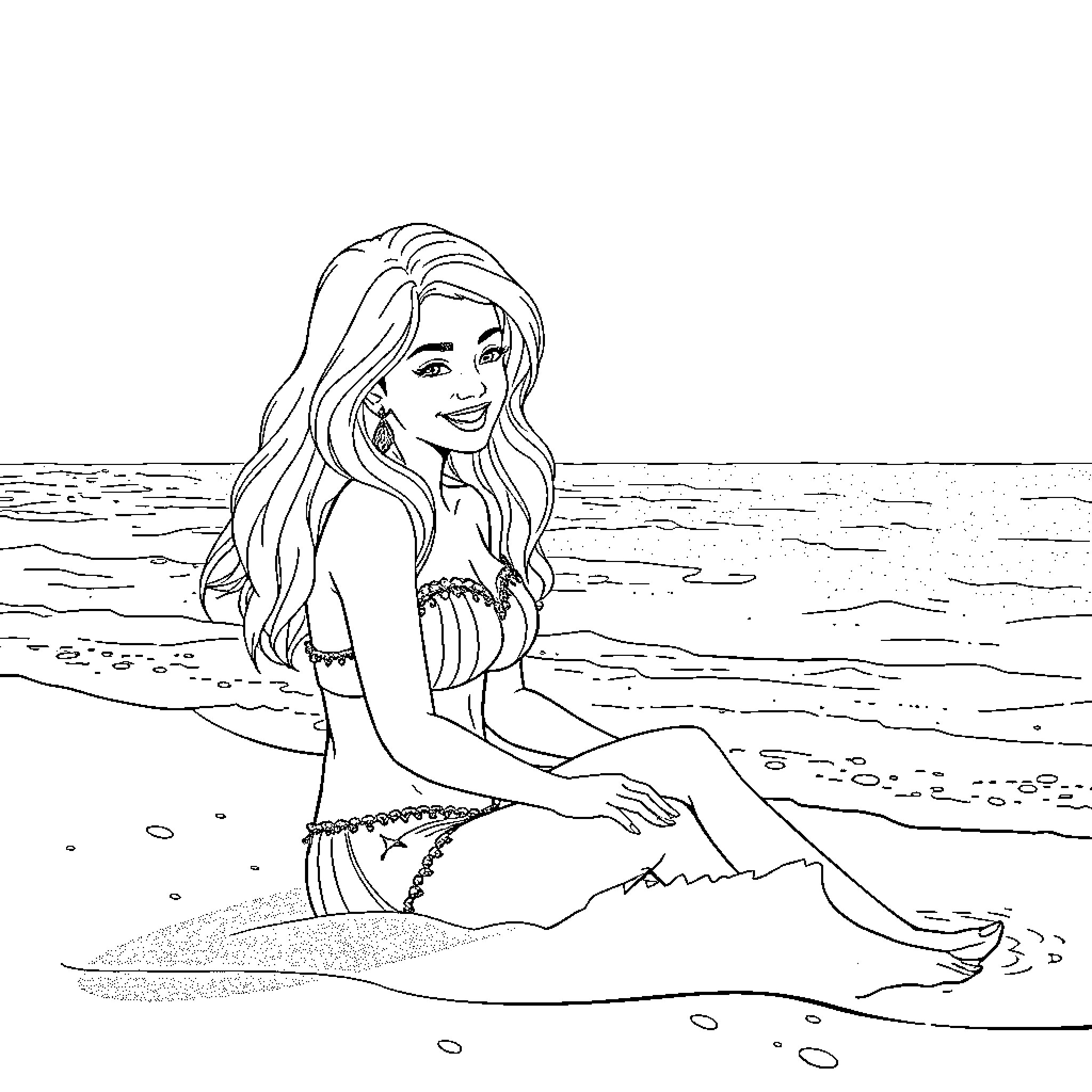 Mamie relaxing on the beach with a smile Coloring Page (free black-and-white line drawing printable PDF for all, from beginners to advanced learners, including children, teens, adults, and seniors)