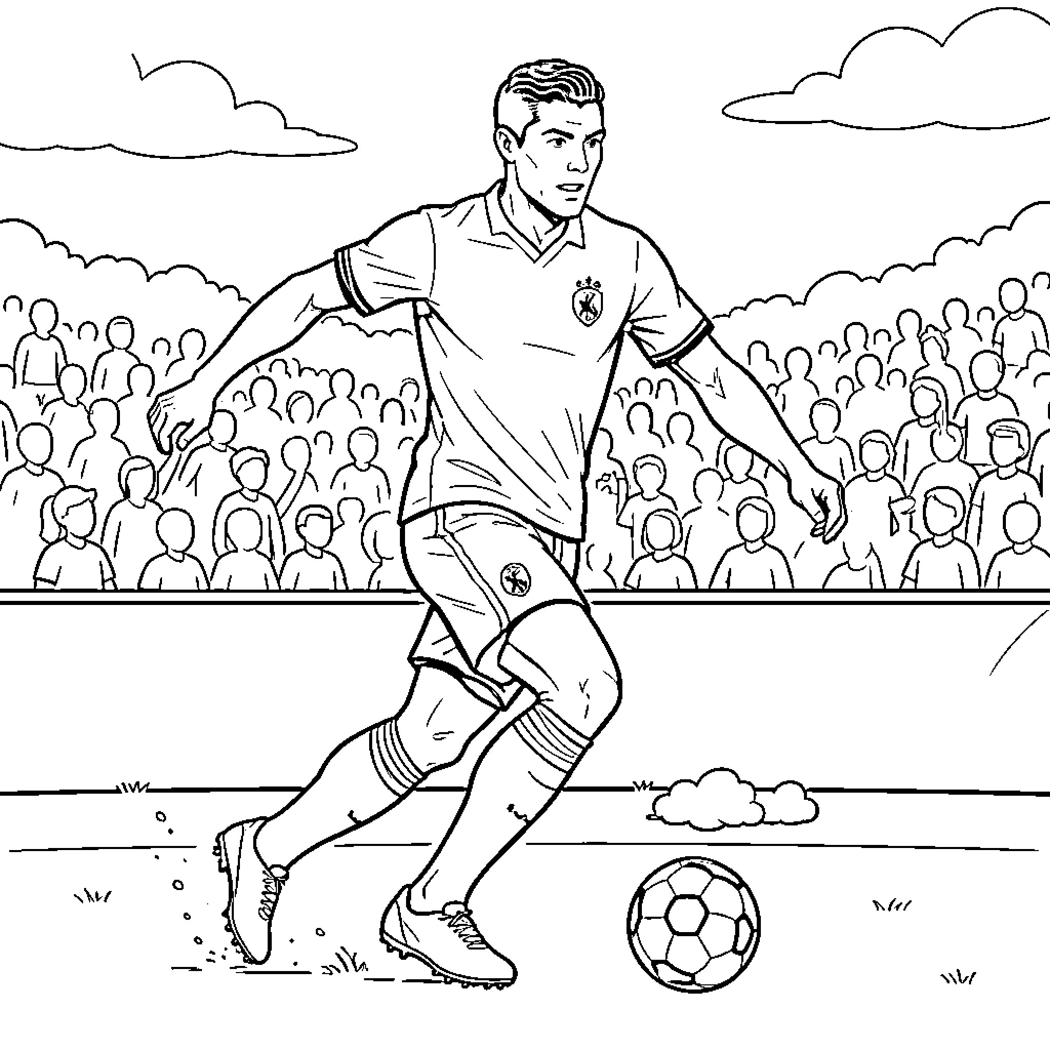 Ronaldo dribbling a soccer ball during a match Coloring Page (free black-and-white line drawing printable PDF for all, from beginners to advanced learners, including children, teens, adults, and seniors)