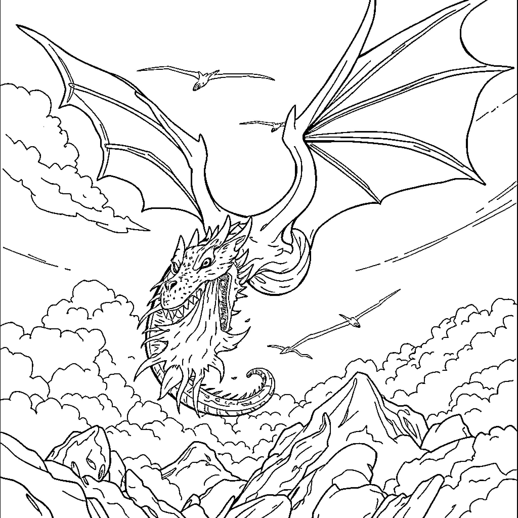 Dragon soaring through cloudy skies over mountainous terrain Coloring Page (free black-and-white line drawing printable PDF for all, from beginners to advanced learners, including children, teens, adults, and seniors)