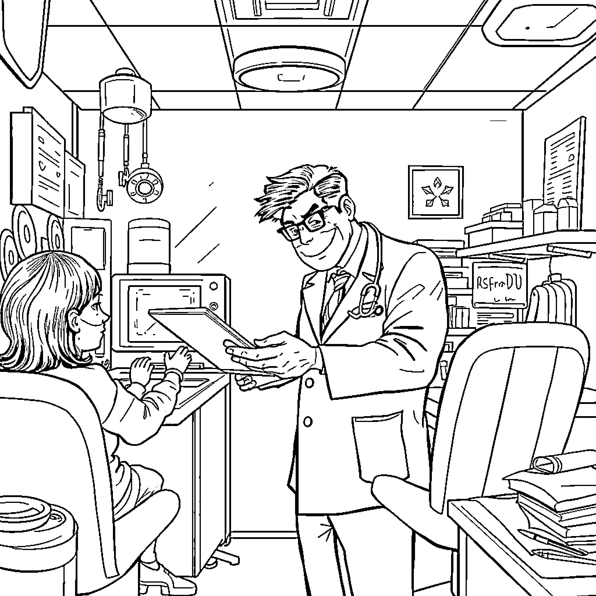 Doctor Examining Patient in Medical Office Coloring Page (free black-and-white line drawing printable PDF for all, from beginners to advanced learners, including children, teens, adults, and seniors)