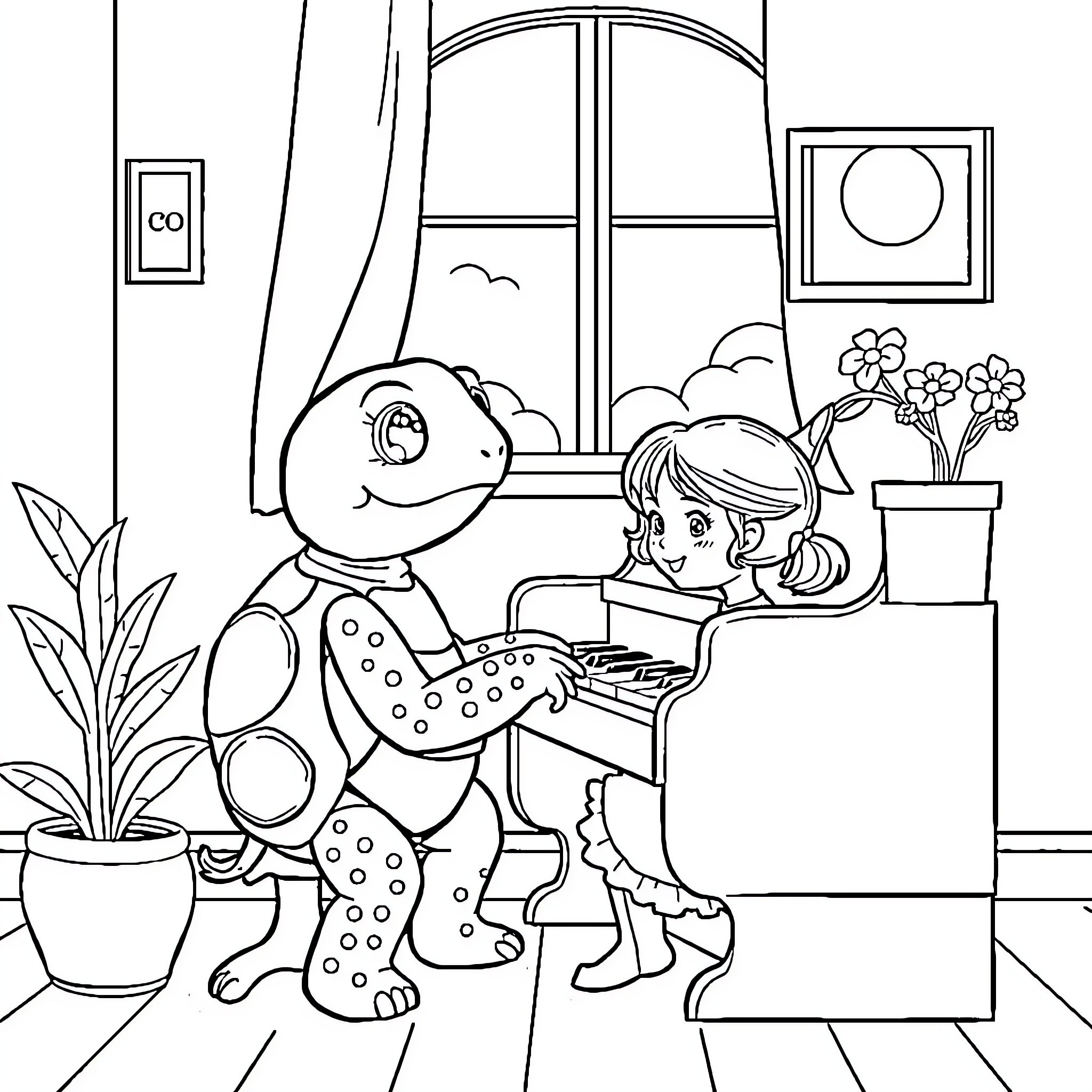 Turtle and girl playing piano together Coloring Page (free black-and-white line drawing printable PDF for all, from beginners to advanced learners, including children, teens, adults, and seniors)