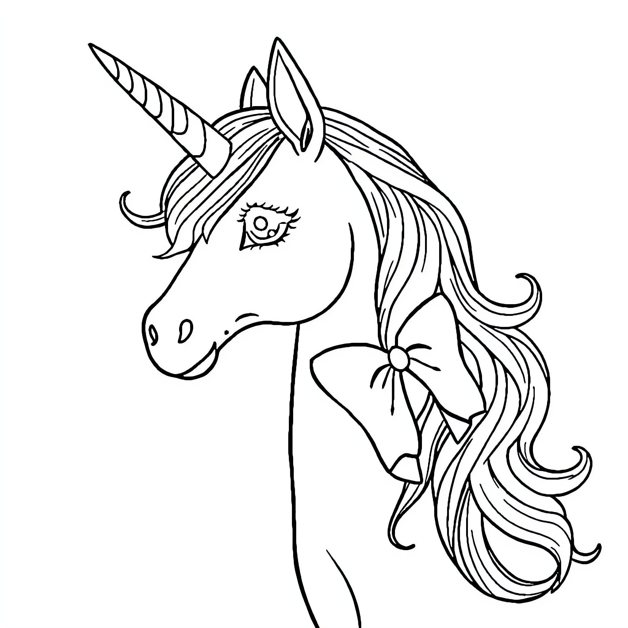 Unicorn with Decorative Bow and Hair Coloring Page (free black-and-white line drawing printable PDF for all, from beginners to advanced learners, including children, teens, adults, and seniors)