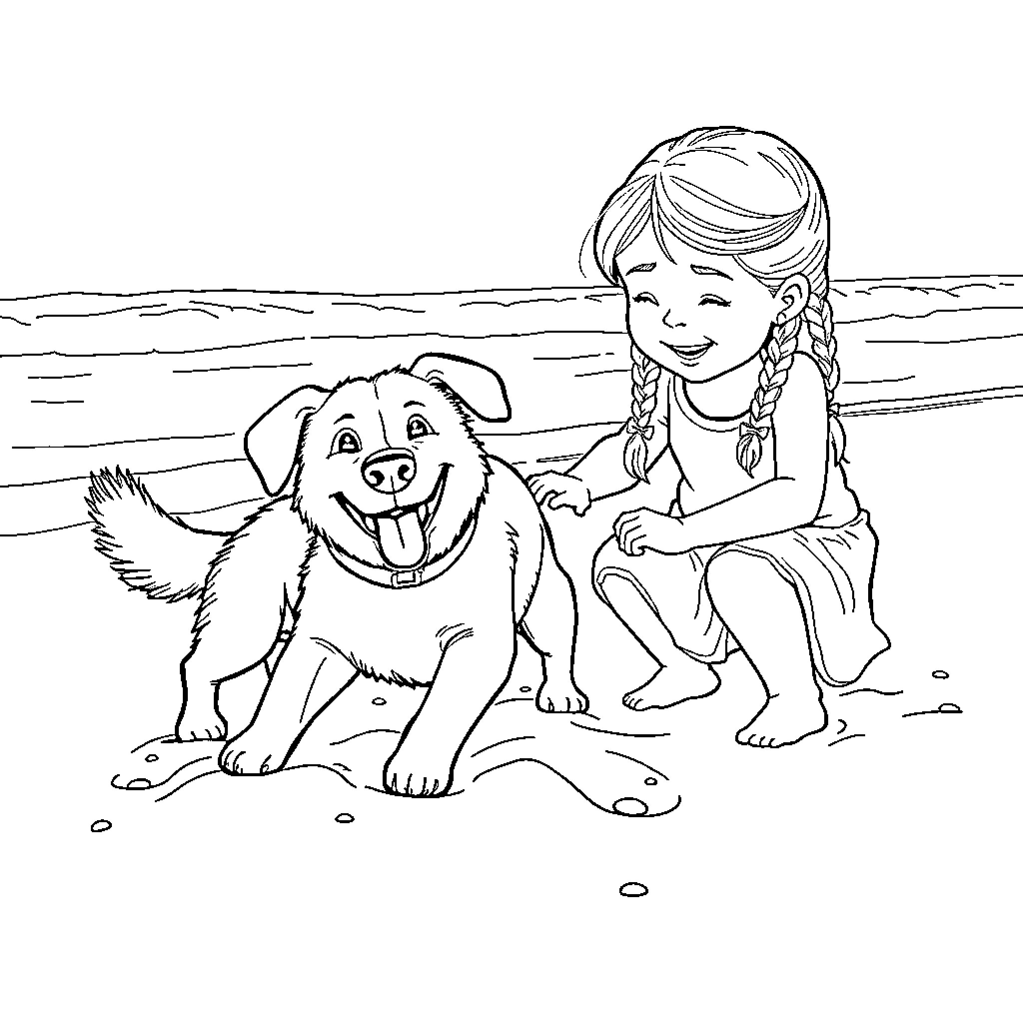 Dog and girl playing happily on the beach Coloring Page (free black-and-white line drawing printable PDF for all, from beginners to advanced learners, including children, teens, adults, and seniors)