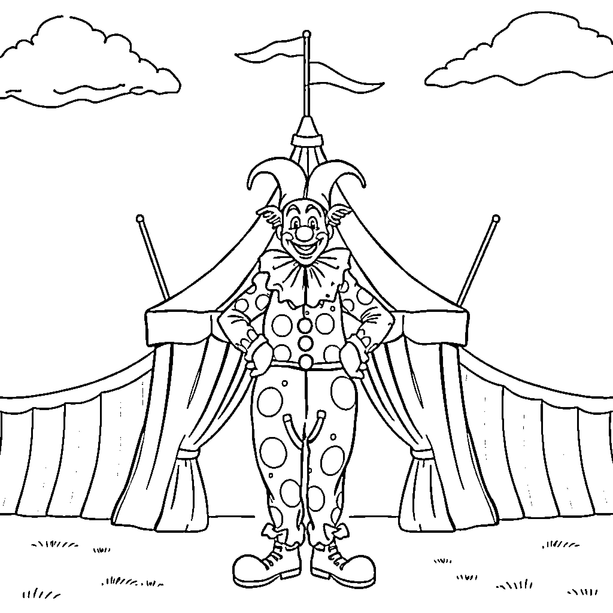 Clown performing in a circus tent Coloring Page (free black-and-white line drawing printable PDF for all, from beginners to advanced learners, including children, teens, adults, and seniors)
