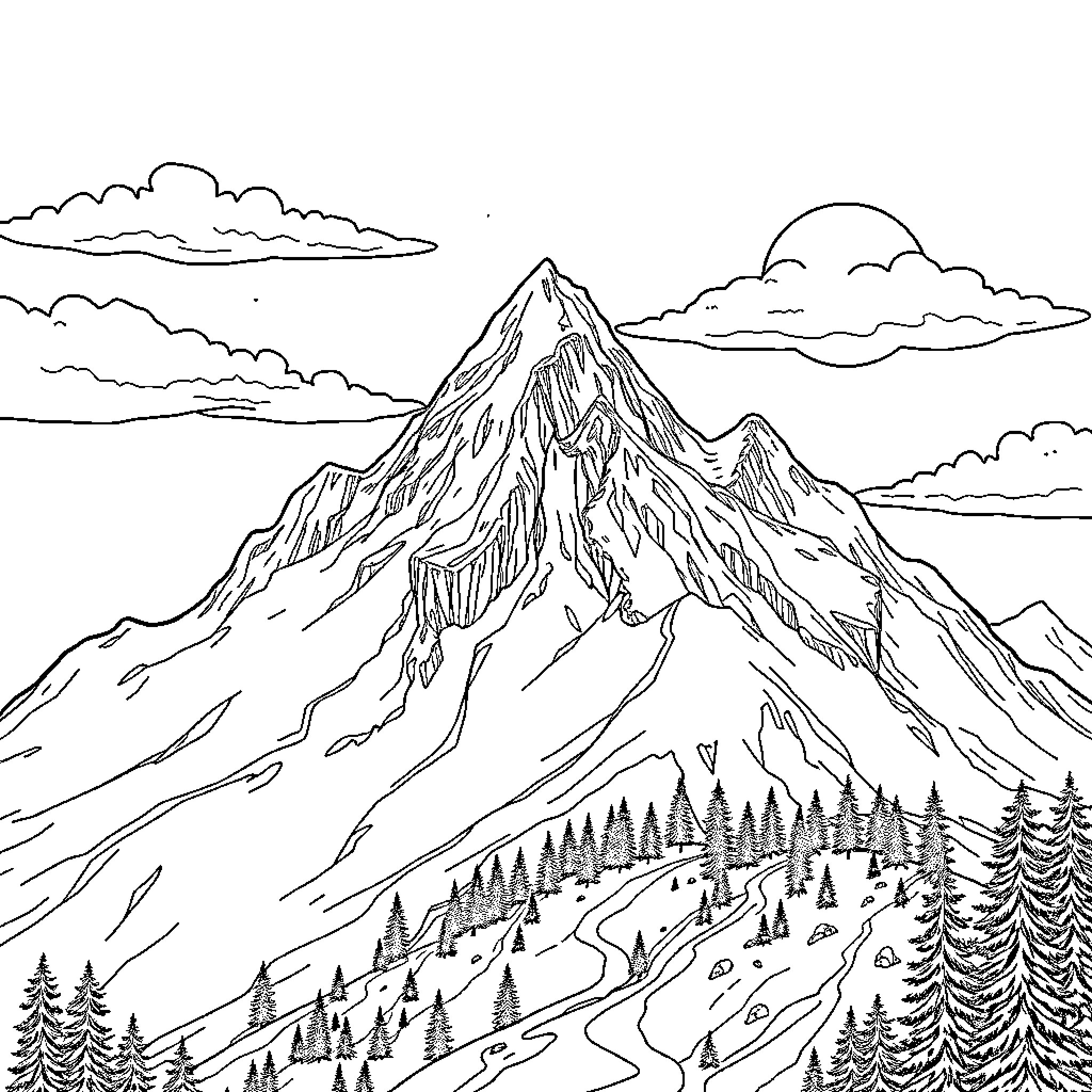 Roller Coaster of steep mountain peaks and pine forests Coloring Page (free black-and-white line drawing printable PDF for all, from beginners to advanced learners, including children, teens, adults, and seniors)
