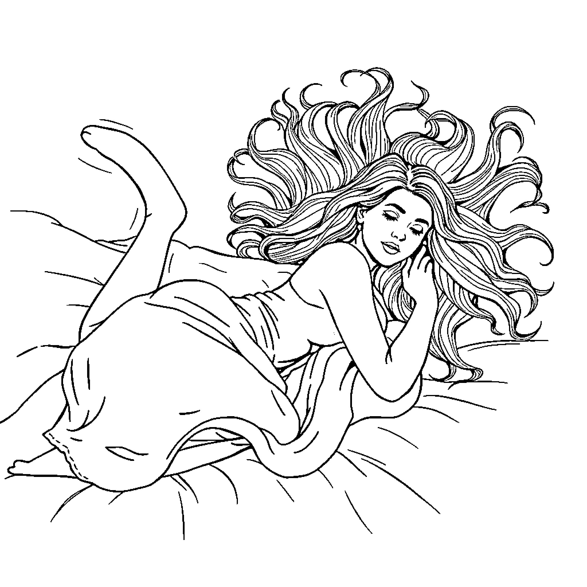 Lady with Flowing Hair and Elegant Pose Coloring Page (free black-and-white line drawing printable PDF for all, from beginners to advanced learners, including children, teens, adults, and seniors)