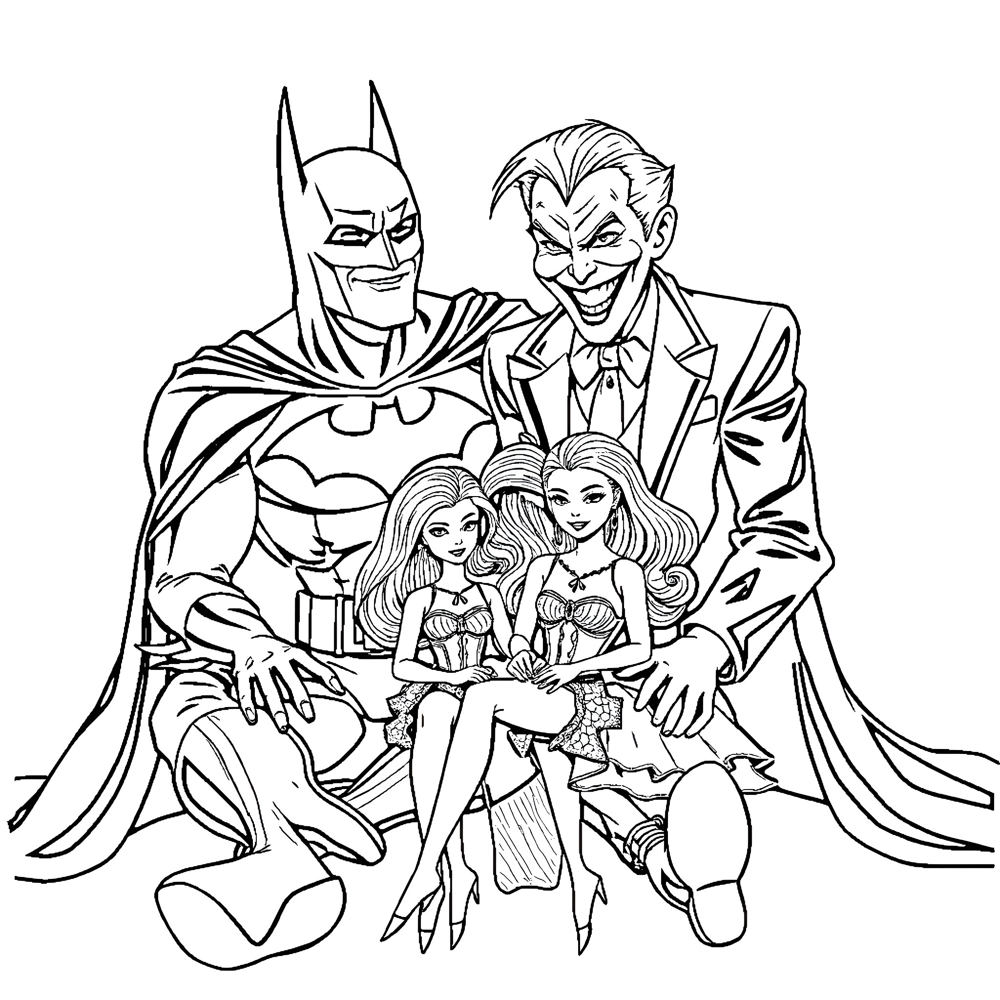Batman and Joker with two women on a night out Coloring Page (free black-and-white line drawing printable PDF for all, from beginners to advanced learners, including children, teens, adults, and seniors)