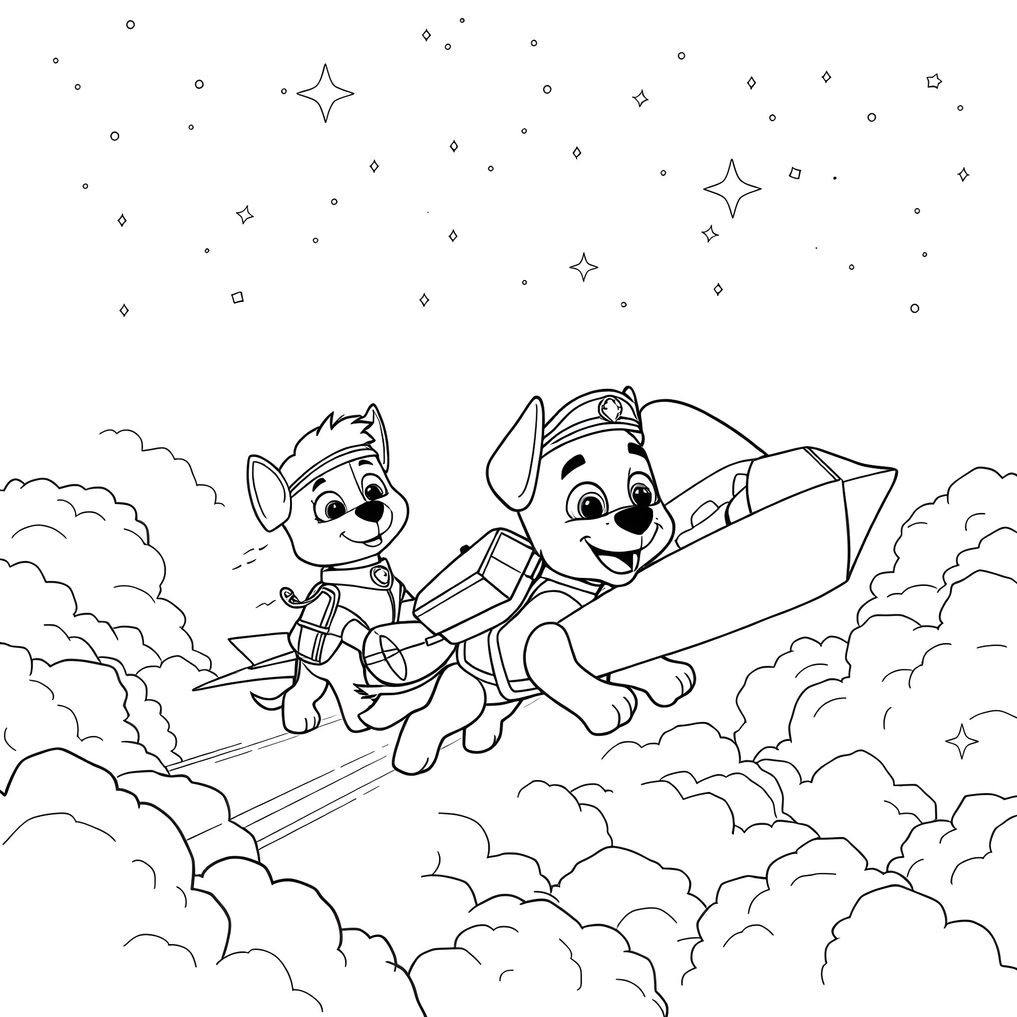 Paw Patrol puppies soaring through the sky Coloring Page (free black-and-white line drawing printable PDF for all, from beginners to advanced learners, including children, teens, adults, and seniors)