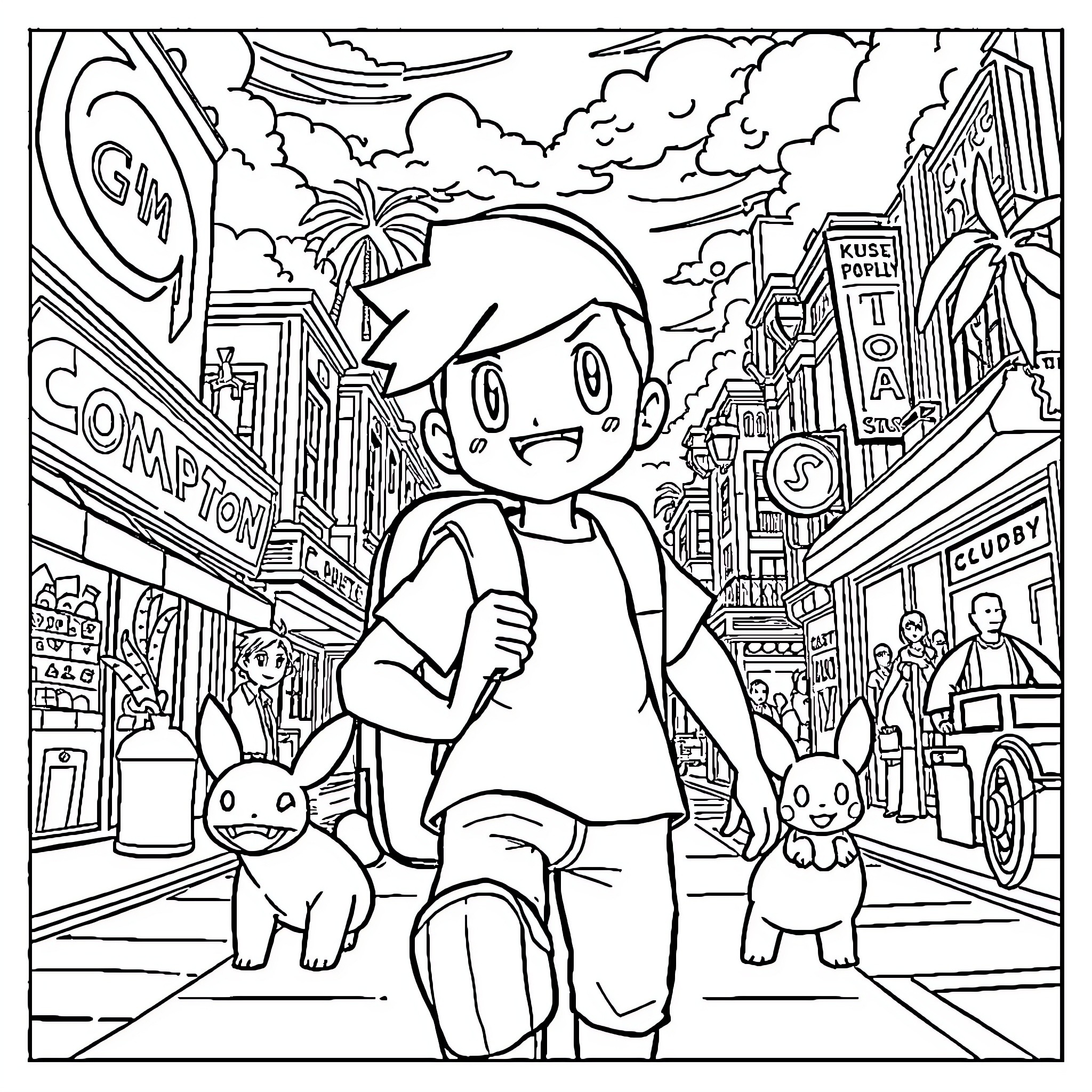 Ash's Animated Adventure in the City Coloring Page (free black-and-white line drawing printable PDF for all, from beginners to advanced learners, including children, teens, adults, and seniors)