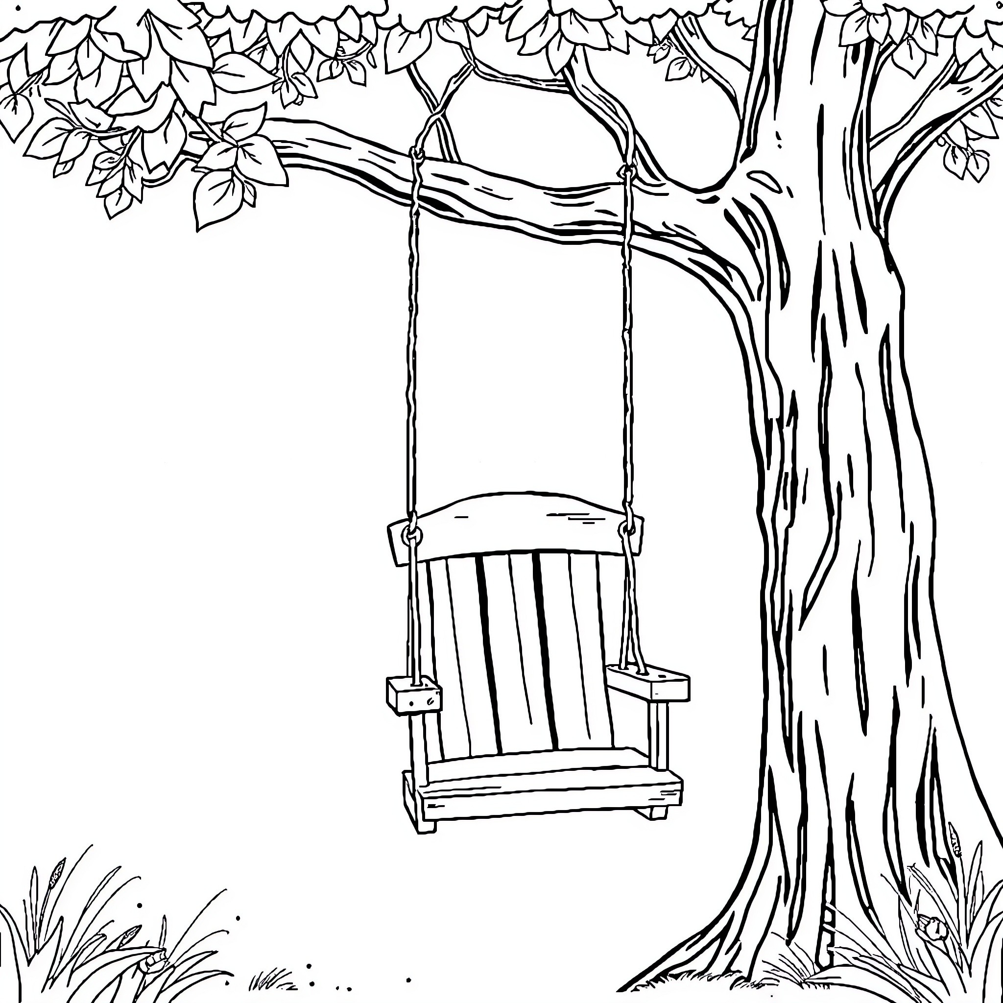 Swing hanging from a peaceful tree Coloring Page (free black-and-white line drawing printable PDF for all, from beginners to advanced learners, including children, teens, adults, and seniors)