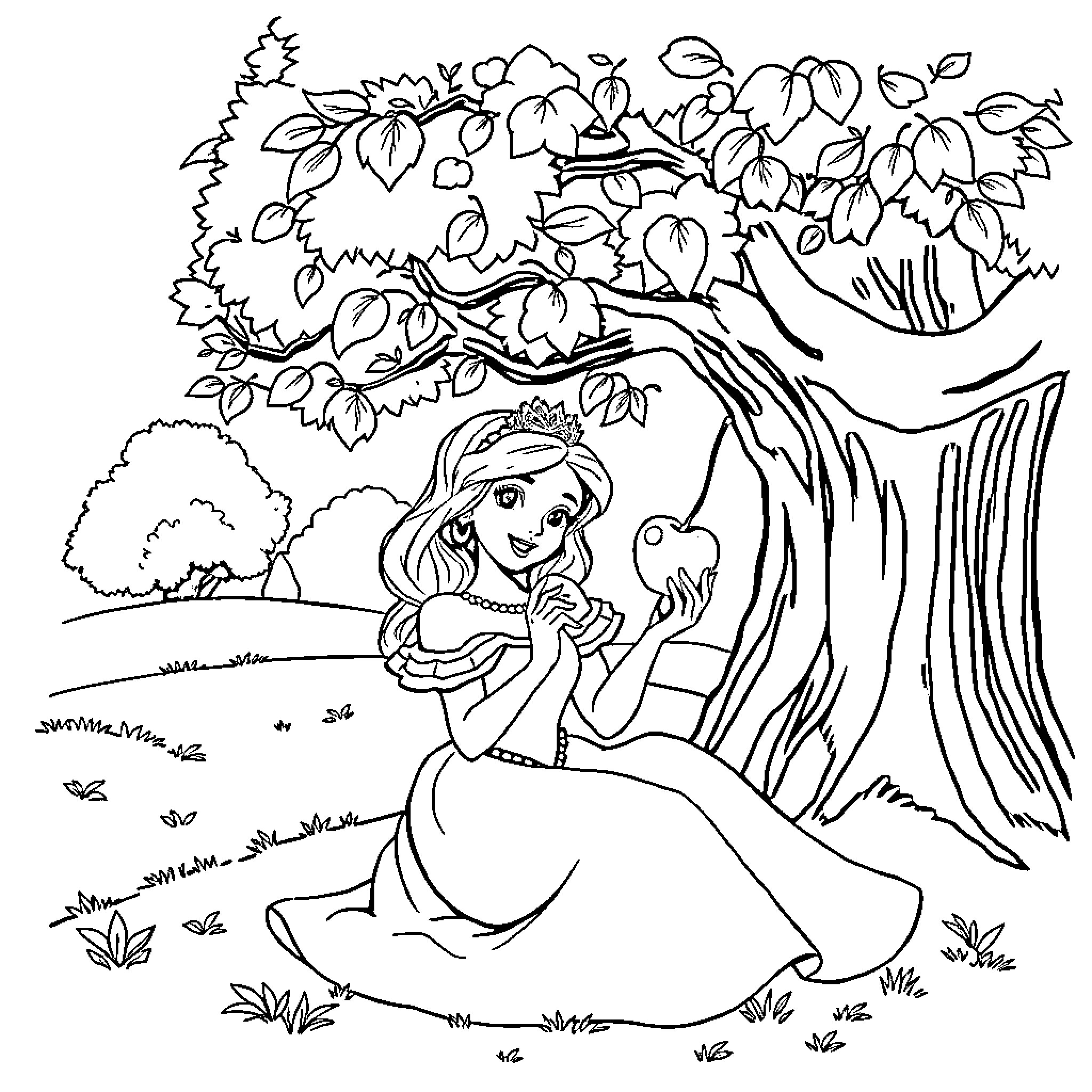 Princess Enjoying Nature's Beauty in Enchanting Forest Coloring Page (free black-and-white line drawing printable PDF for all, from beginners to advanced learners, including children, teens, adults, and seniors)