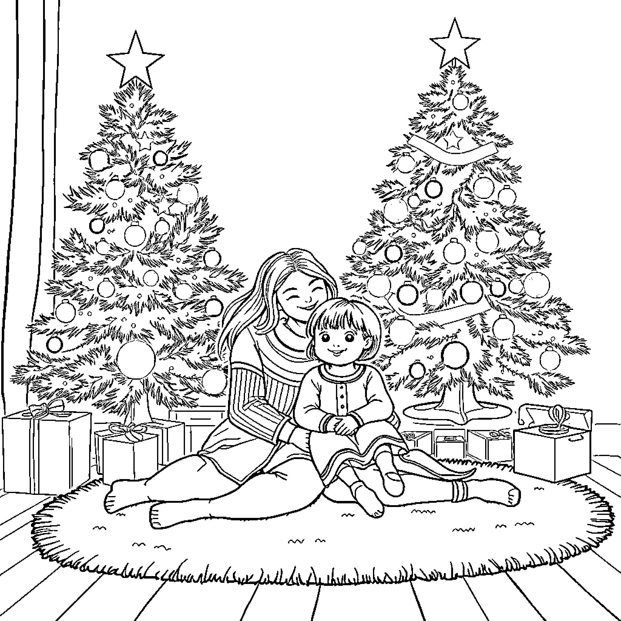 Mom and child enjoying Christmas together near decorated trees Coloring Page (free black-and-white line drawing printable PDF for all, from beginners to advanced learners, including children, teens, adults, and seniors)