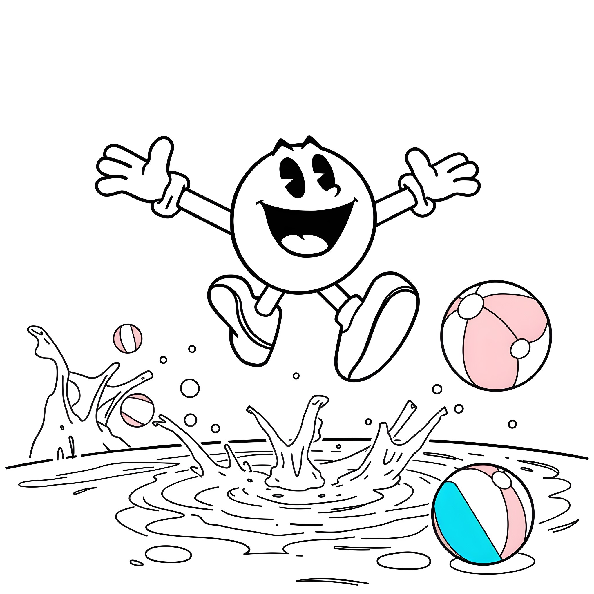 Pacman character jumping happily in water with beach balls Coloring Page (free black-and-white line drawing printable PDF for all, from beginners to advanced learners, including children, teens, adults, and seniors)