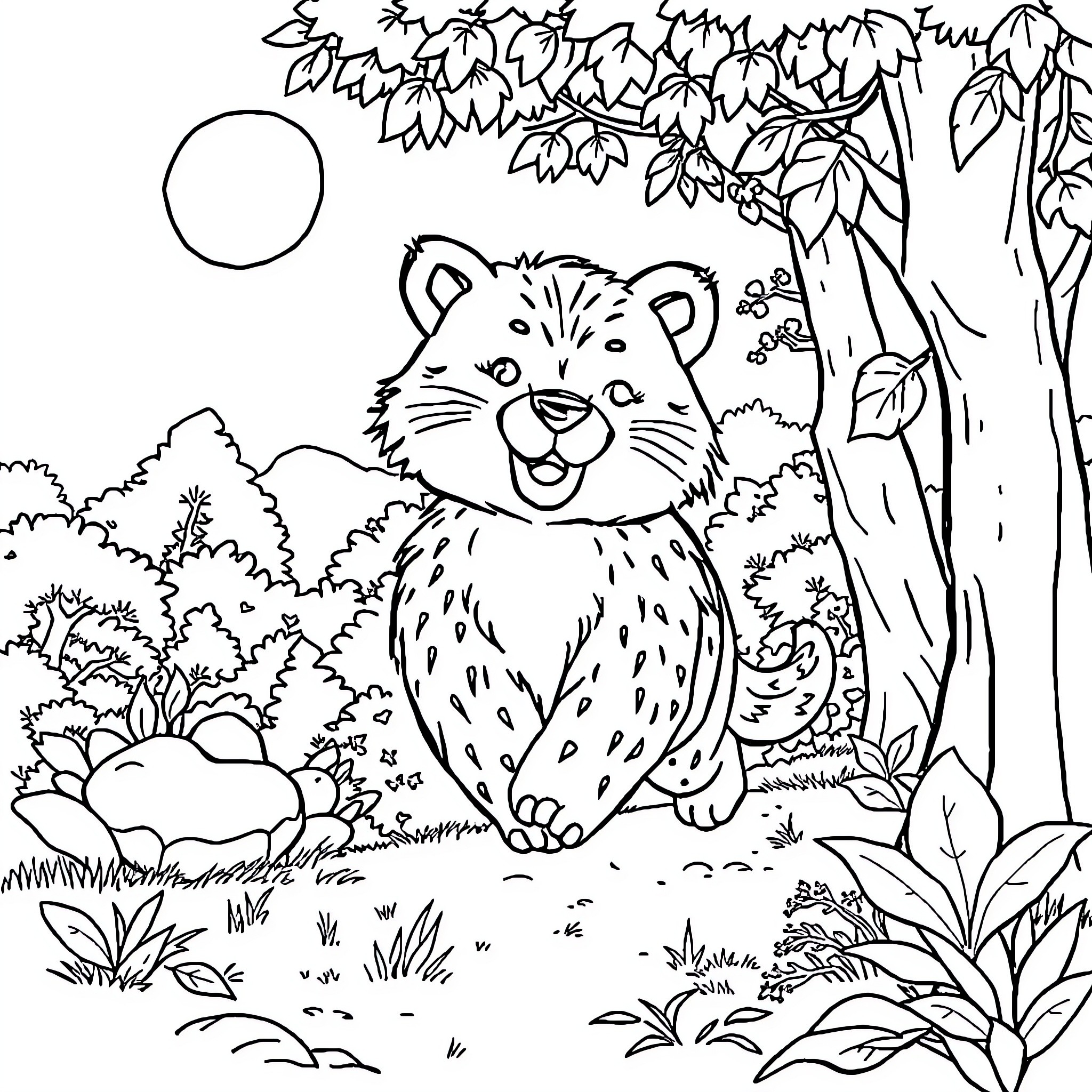 Bear explores the lush forest scenery Coloring Page (free black-and-white line drawing printable PDF for all, from beginners to advanced learners, including children, teens, adults, and seniors)