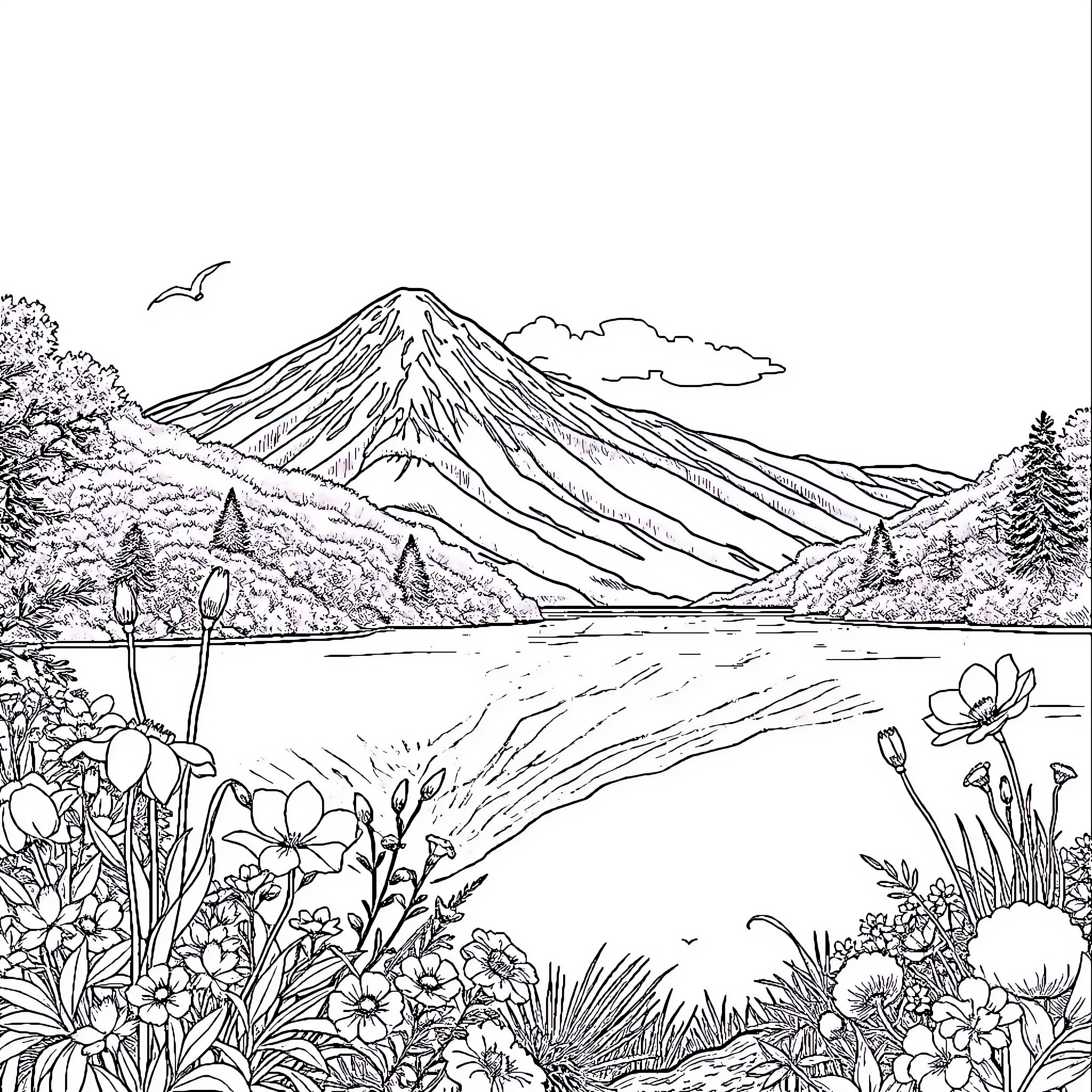 Japanese Landscape with Scenic Lake and Mountainous Terrain Coloring Page (free black-and-white line drawing printable PDF for all, from beginners to advanced learners, including children, teens, adults, and seniors)