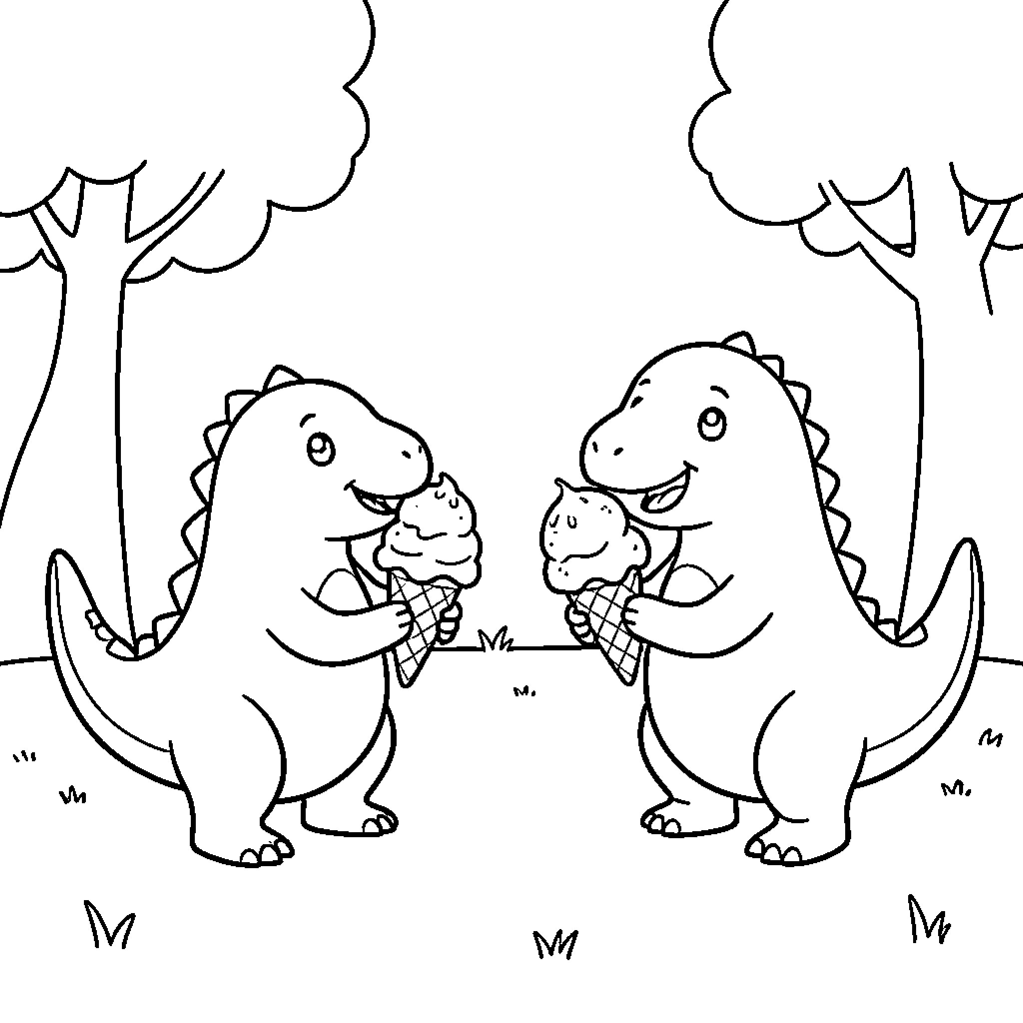 Dinosaur friends enjoying delicious ice cream cones Coloring Page (free black-and-white line drawing printable PDF for all, from beginners to advanced learners, including children, teens, adults, and seniors)
