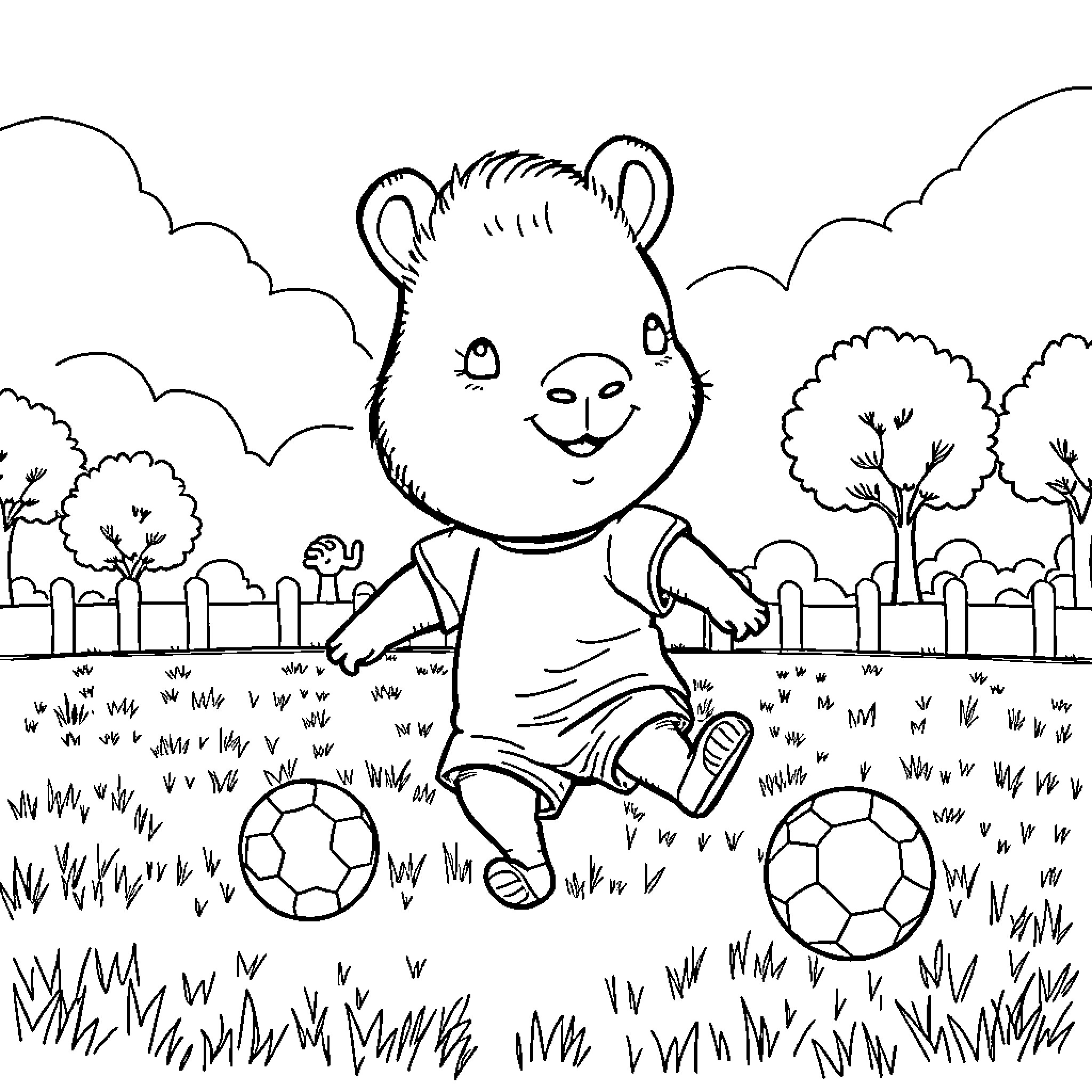 Capybara playing with soccer balls in the park Coloring Page (free black-and-white line drawing printable PDF for all, from beginners to advanced learners, including children, teens, adults, and seniors)