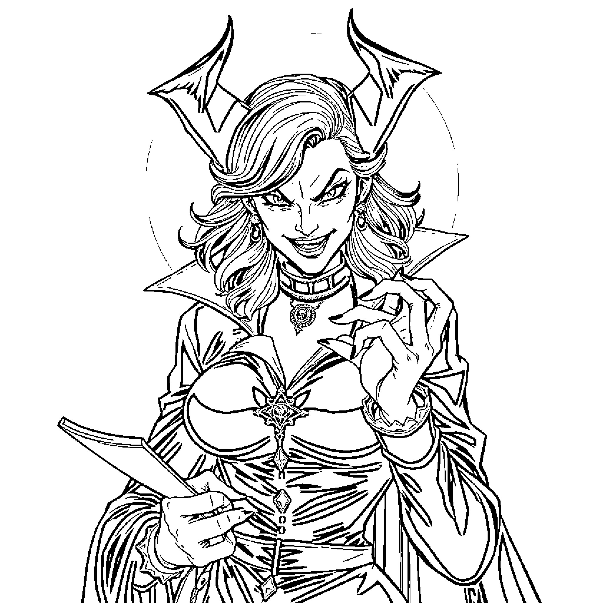 Villain in Striking Costume and Pose Coloring Page (free black-and-white line drawing printable PDF for all, from beginners to advanced learners, including children, teens, adults, and seniors)