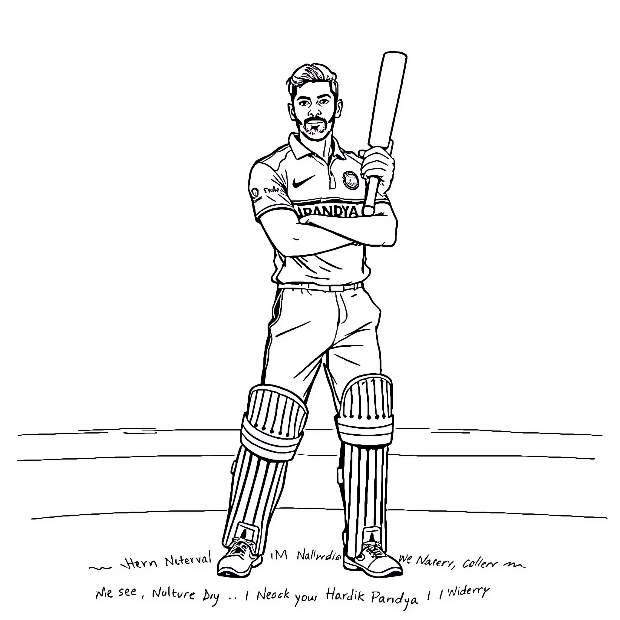 Hardik Pandya standing confidently with cricket bat Coloring Page (free black-and-white line drawing printable PDF for all, from beginners to advanced learners, including children, teens, adults, and seniors)