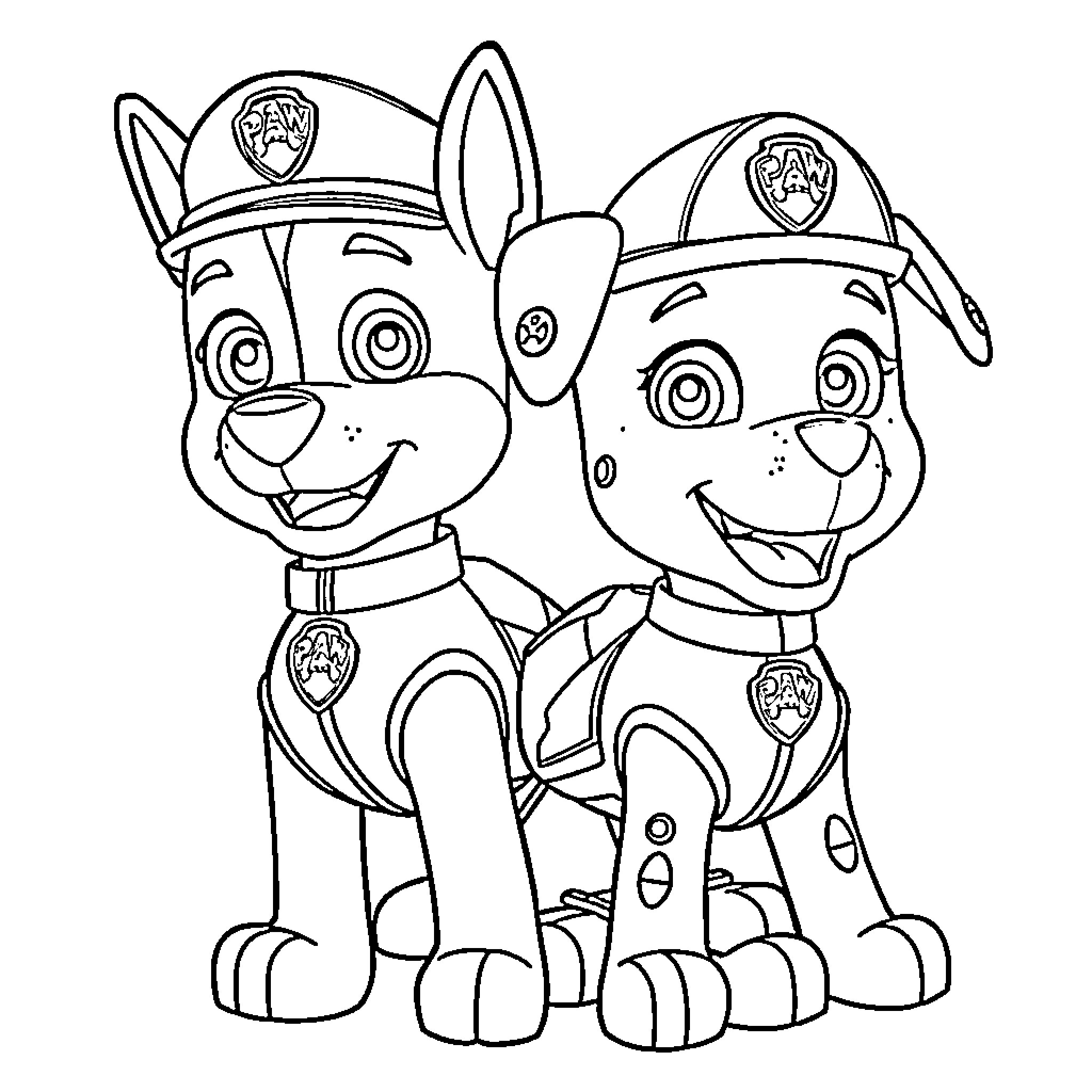 Chase and Marshall Pup Patrol in Action Coloring Page (free black-and-white line drawing printable PDF for all, from beginners to advanced learners, including children, teens, adults, and seniors)