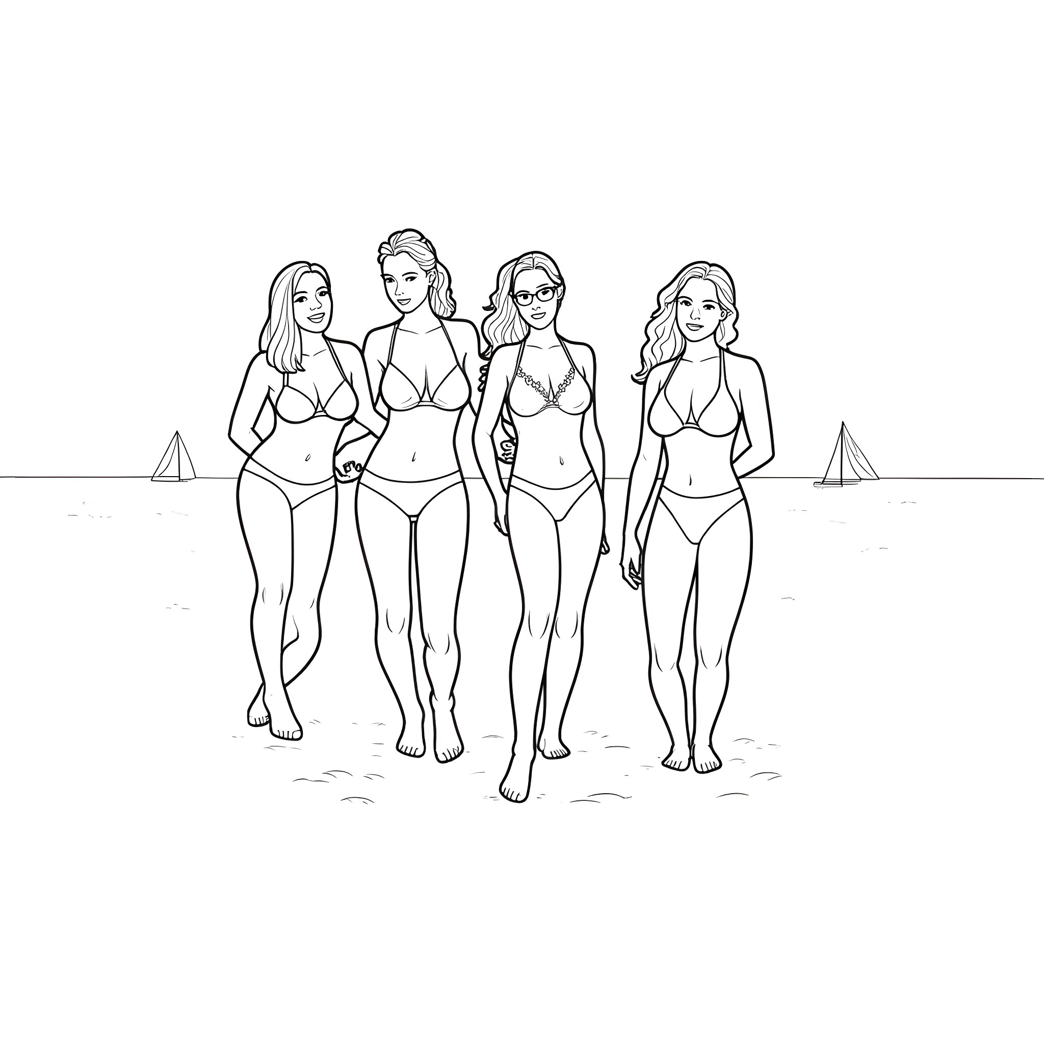 Women walking along the beach in swimwear Coloring Page (free black-and-white line drawing printable PDF for all, from beginners to advanced learners, including children, teens, adults, and seniors)