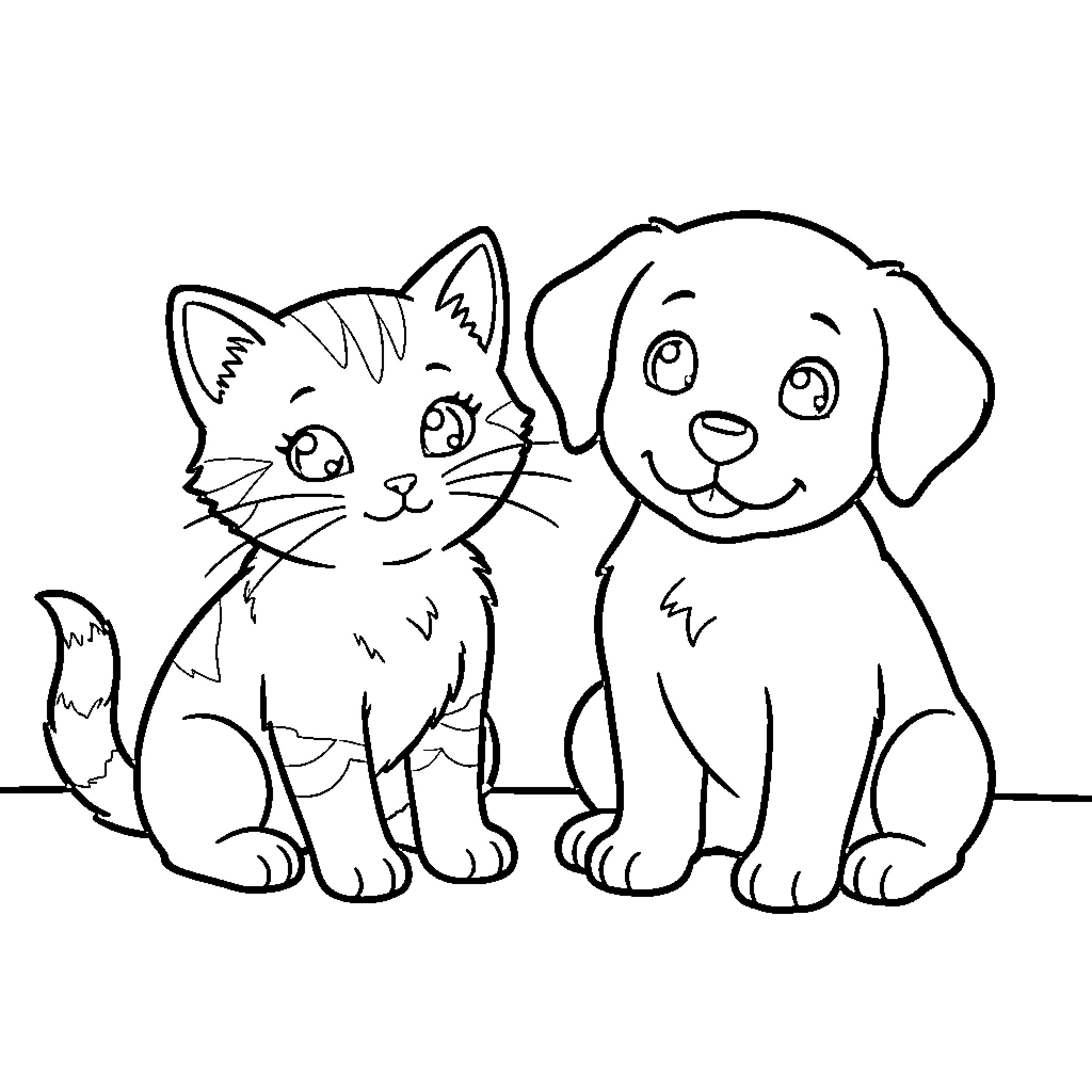 Kitten and Puppy playing together happily Coloring Page (free black-and-white line drawing printable PDF for all, from beginners to advanced learners, including children, teens, adults, and seniors)
