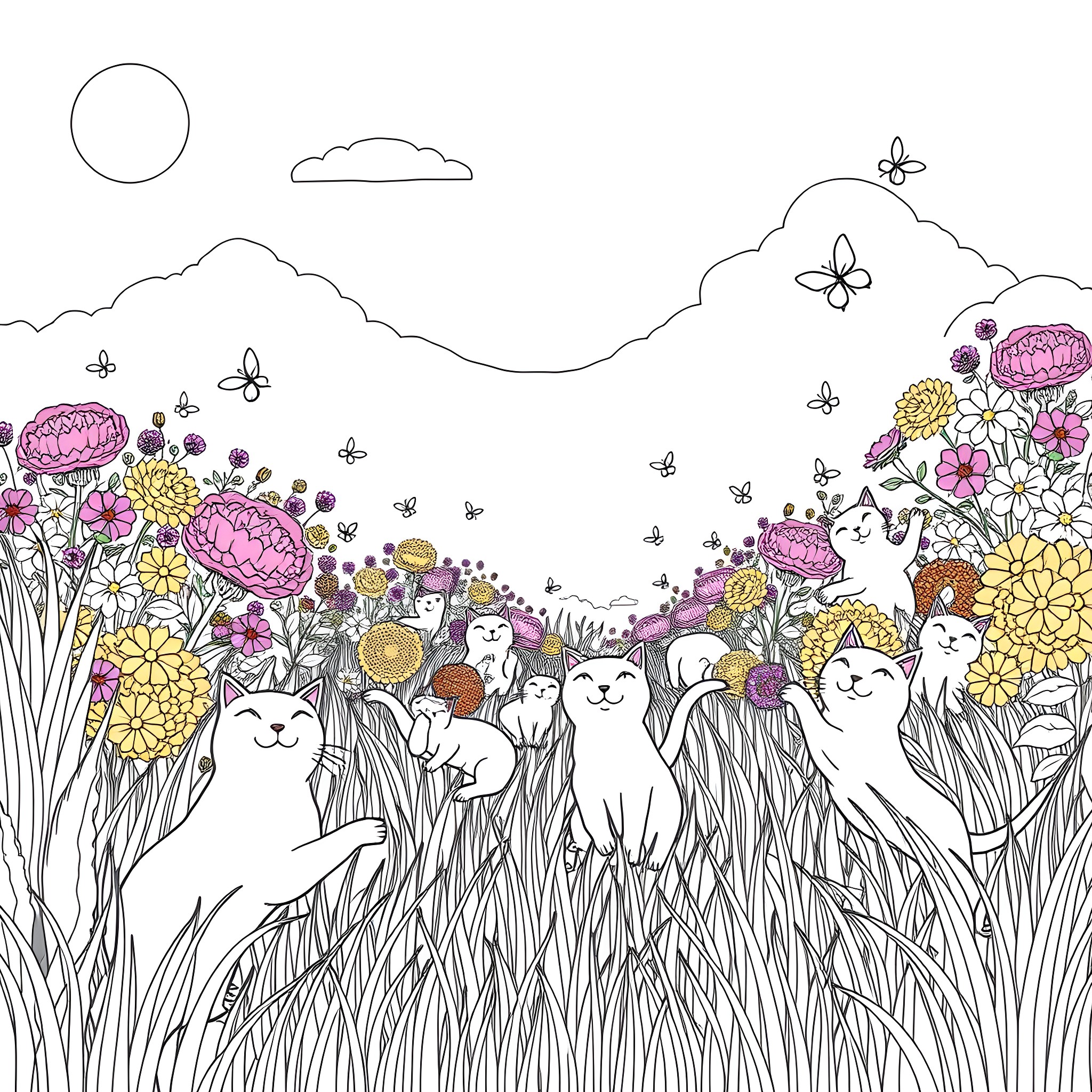 Cats in a Whimsical Floral Meadow Coloring Page (free black-and-white line drawing printable PDF for all, from beginners to advanced learners, including children, teens, adults, and seniors)