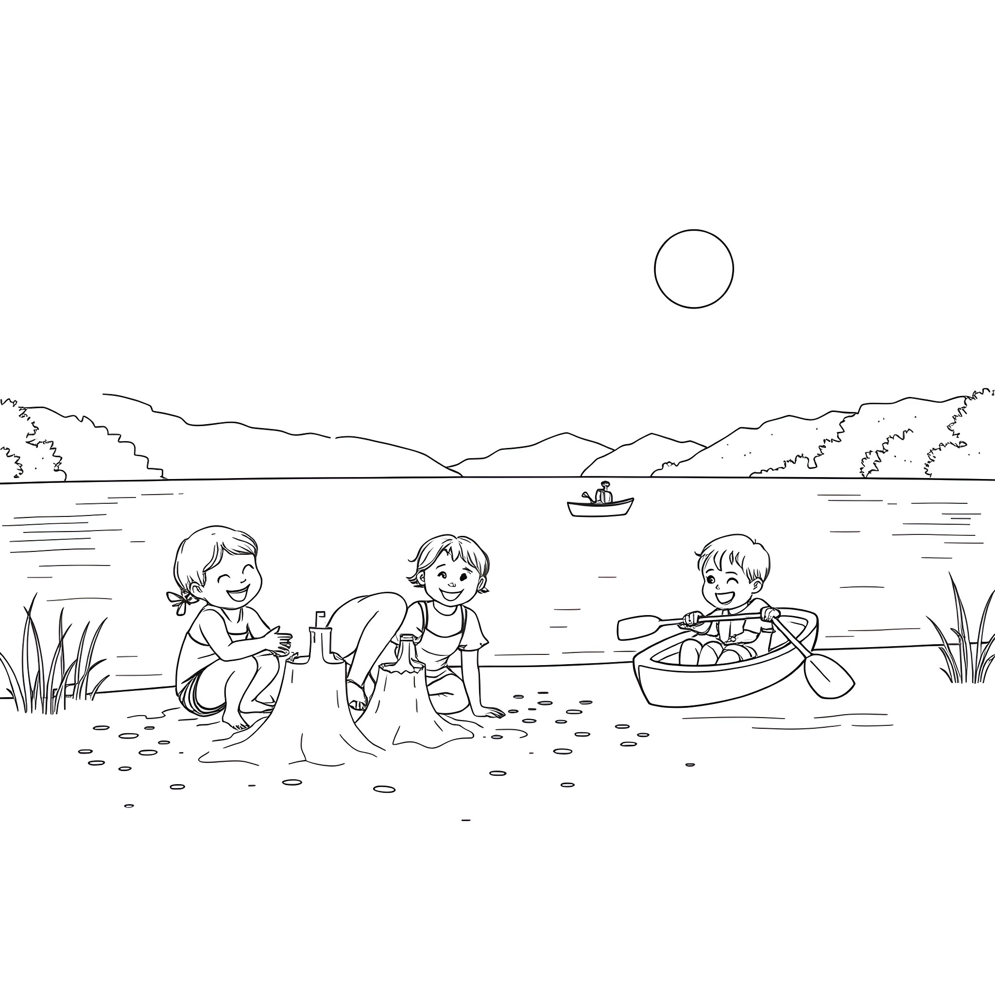 Family enjoying a day at the lake Coloring Page (free black-and-white line drawing printable PDF for all, from beginners to advanced learners, including children, teens, adults, and seniors)